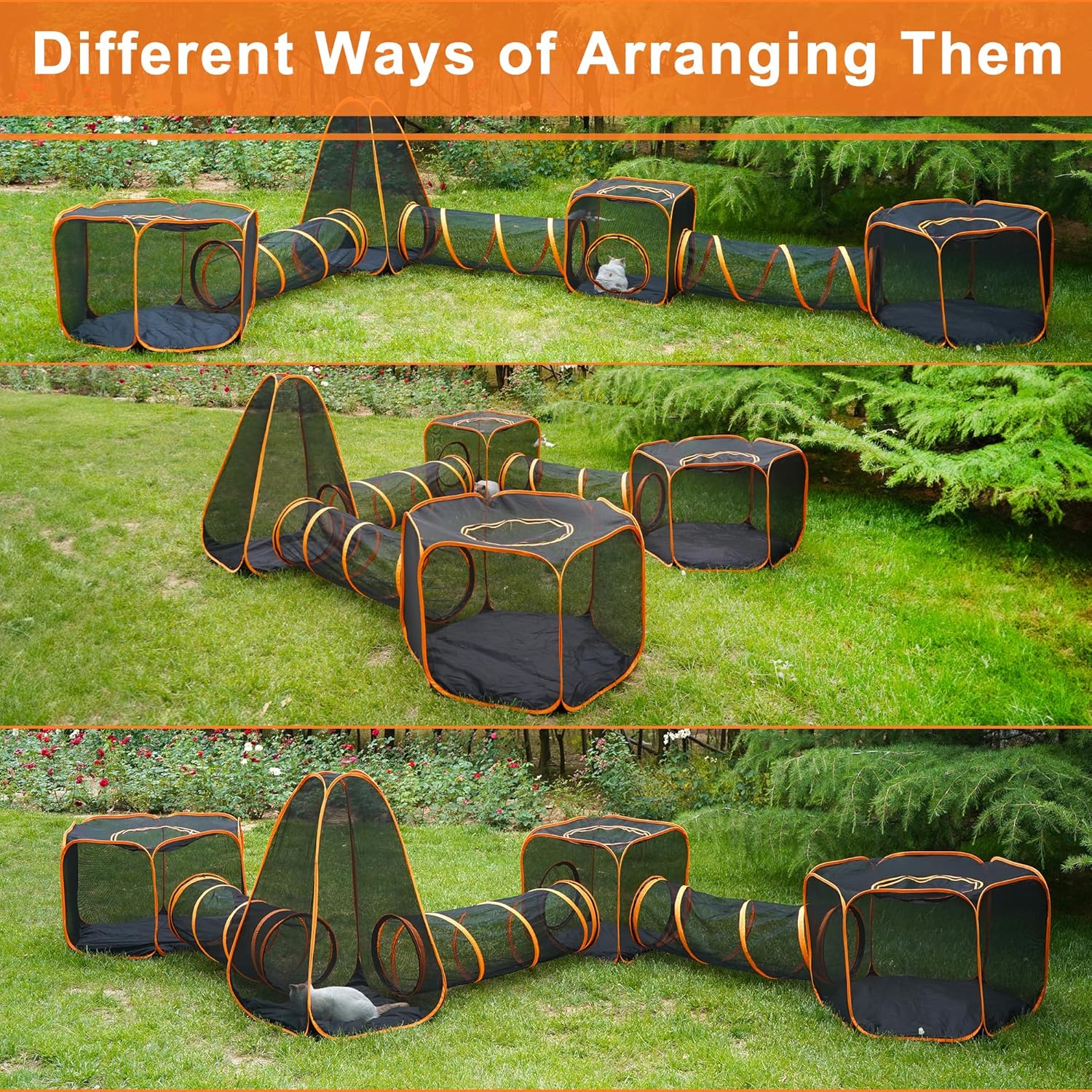 Parc d’extérieur pliable pour chat DiDiBirDi avec tentes hexagonales et tunnels