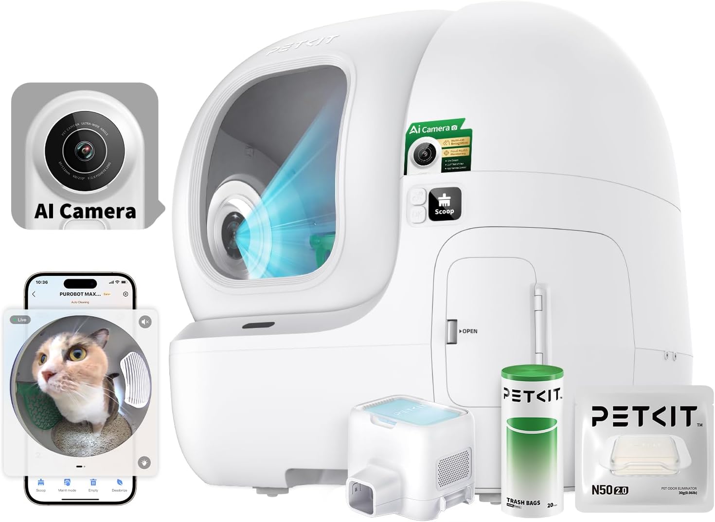 Litière autonettoyante grand volume 76L avec système anti-odeurs triple protection
