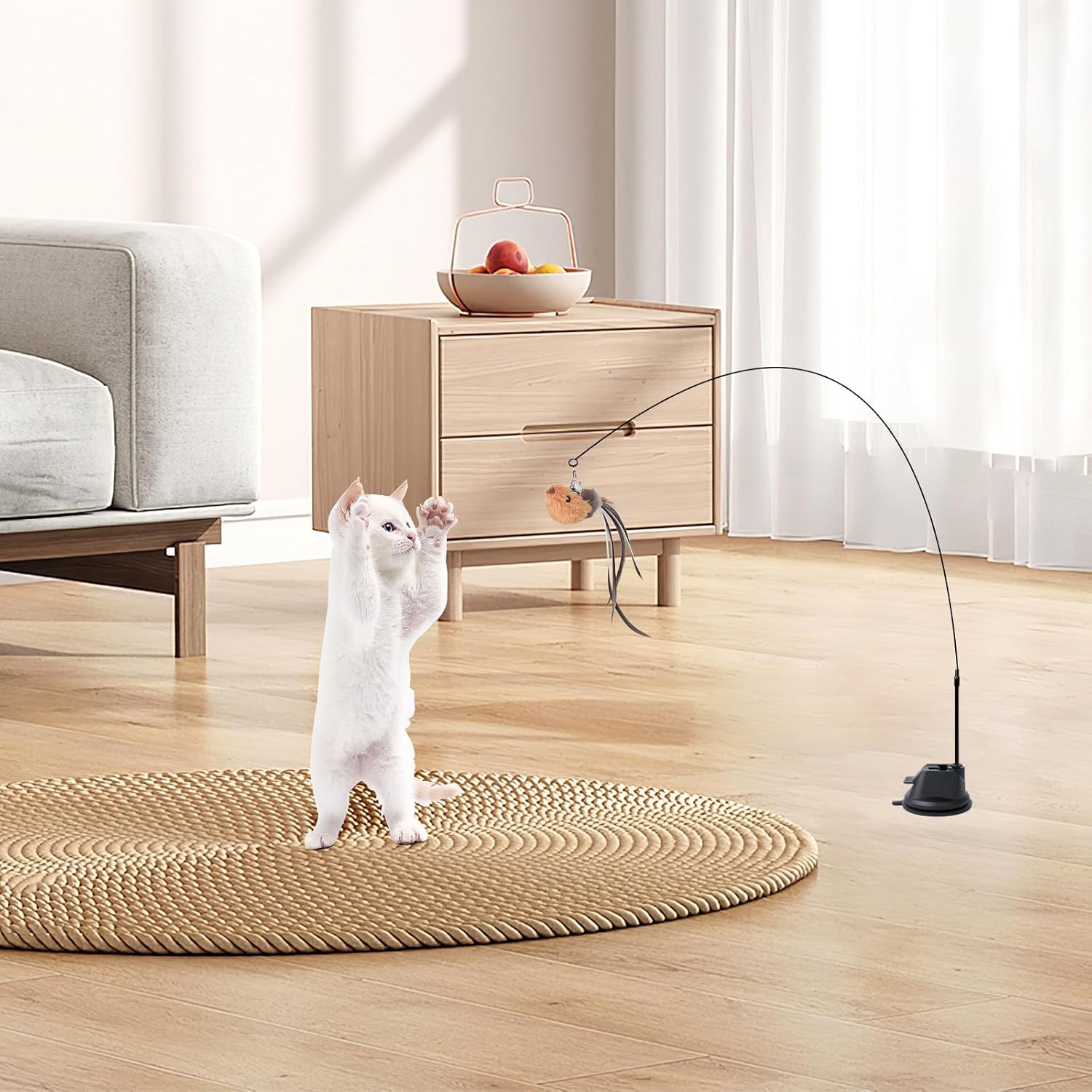 Chat jouant avec jouet interactif AiQInu ventouse et oiseaux.