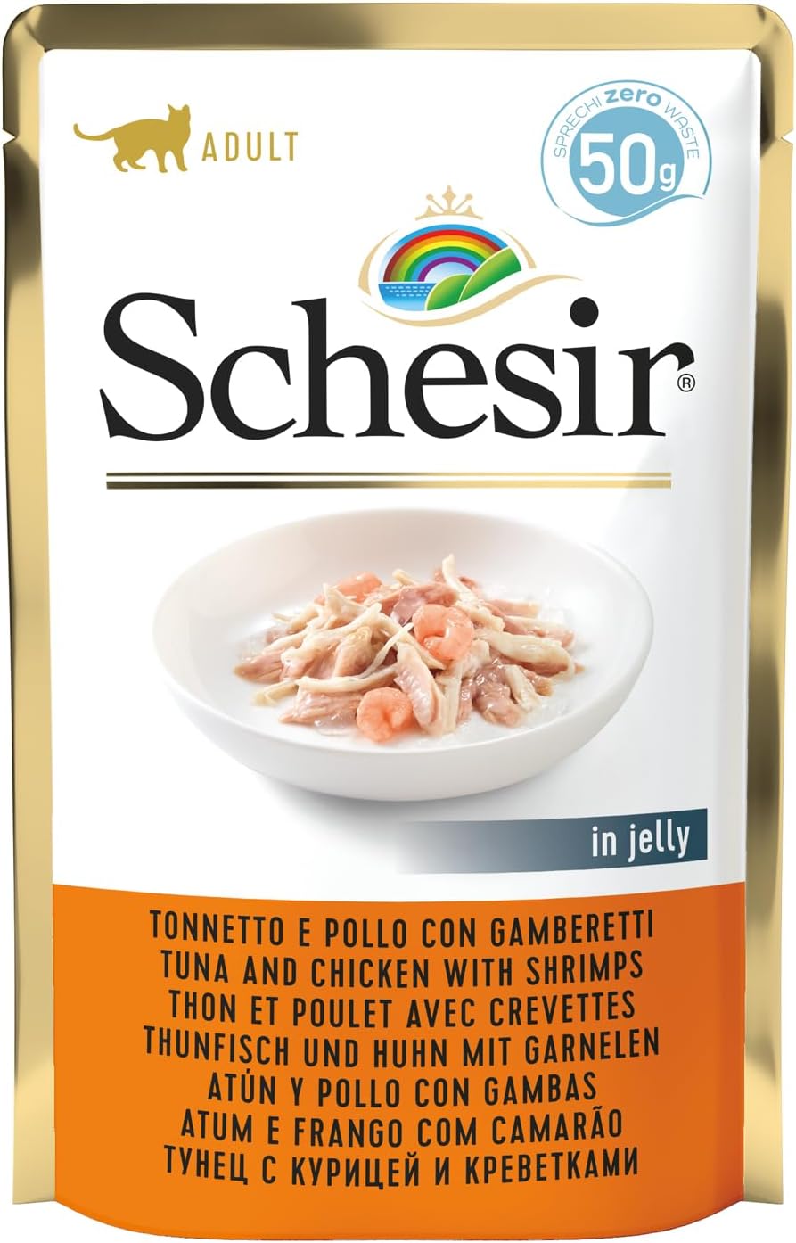 Sachets de Schesir Jelly Thon et Poulet pour chats adultes alignés.