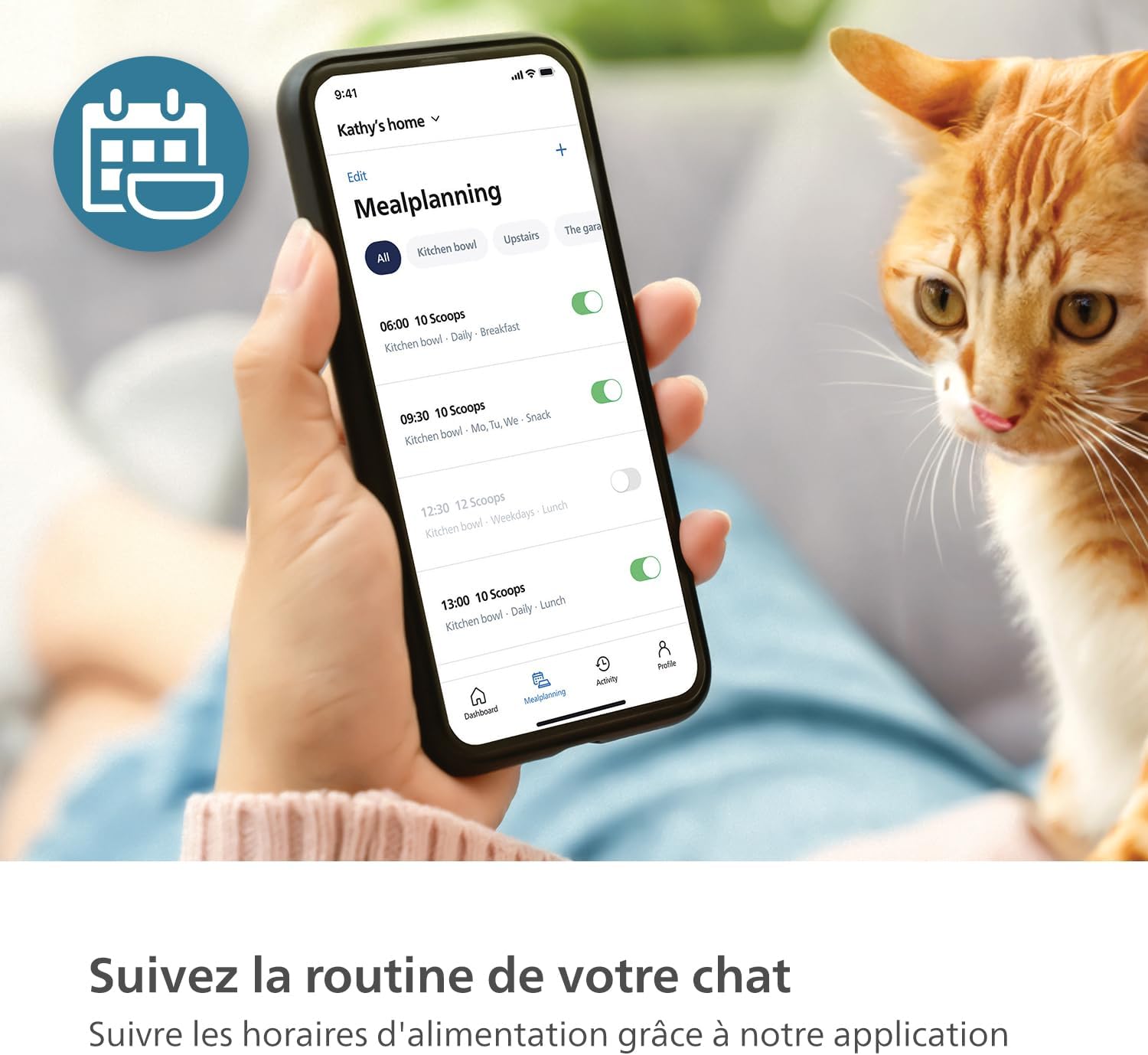 Notification sur smartphone signalant la distribution d’un repas pour chat.