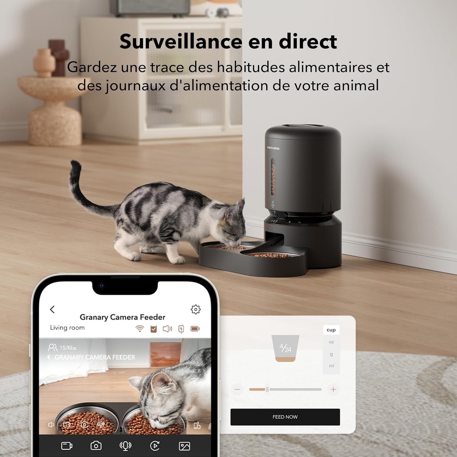Caméra HD du distributeur capturant un chat mangeant de nuit (vision nocturne).