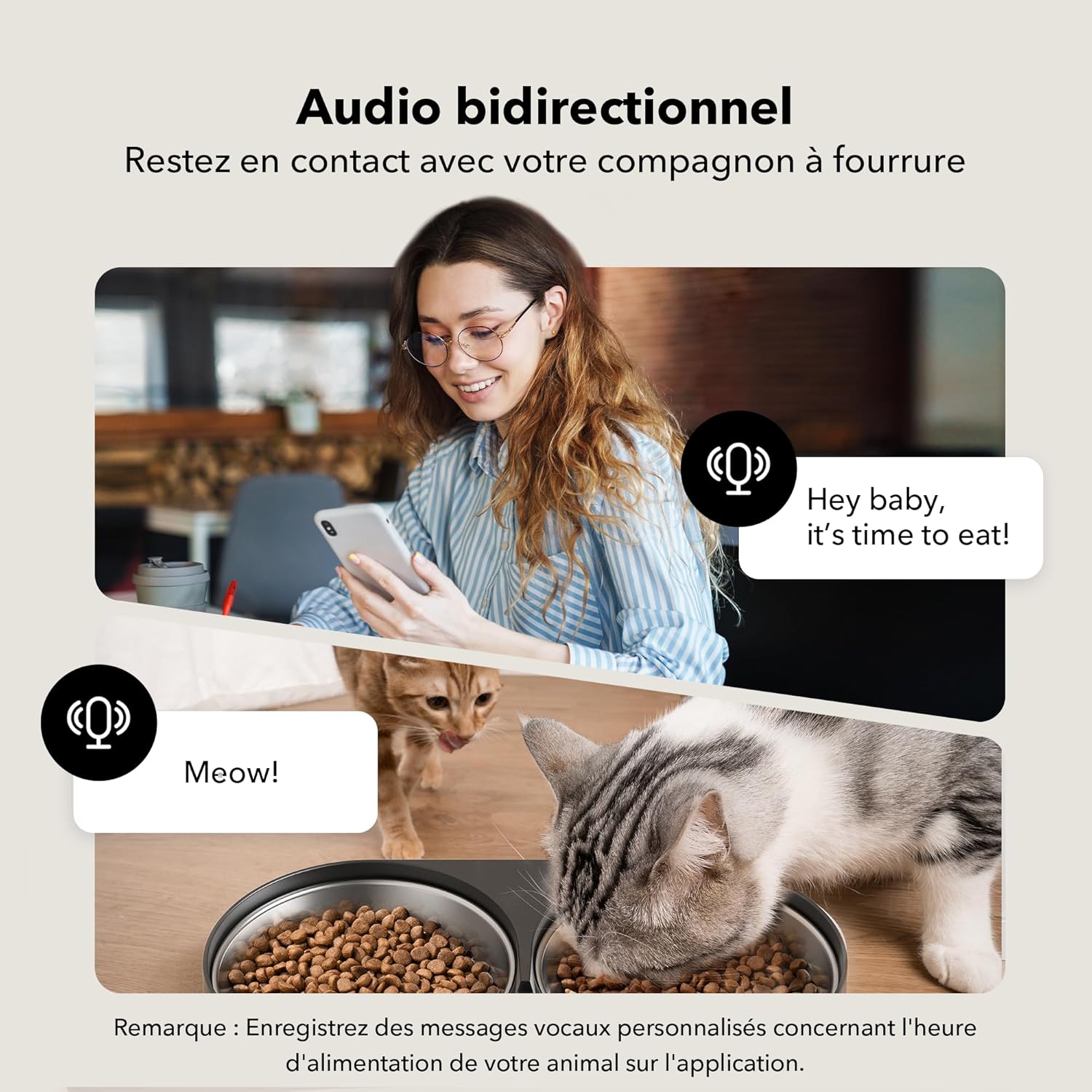 Utilisateur contrôlant la programmation des repas chats via smartphone connecté au distributeur.