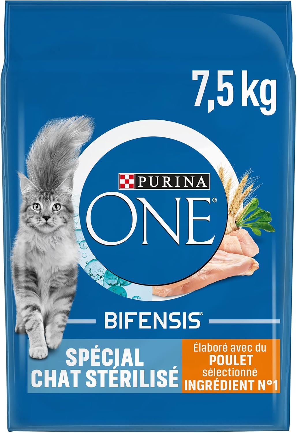 Sac PURINA ONE Bifensis 7,5 kg avec croquettes visibles au poulet.