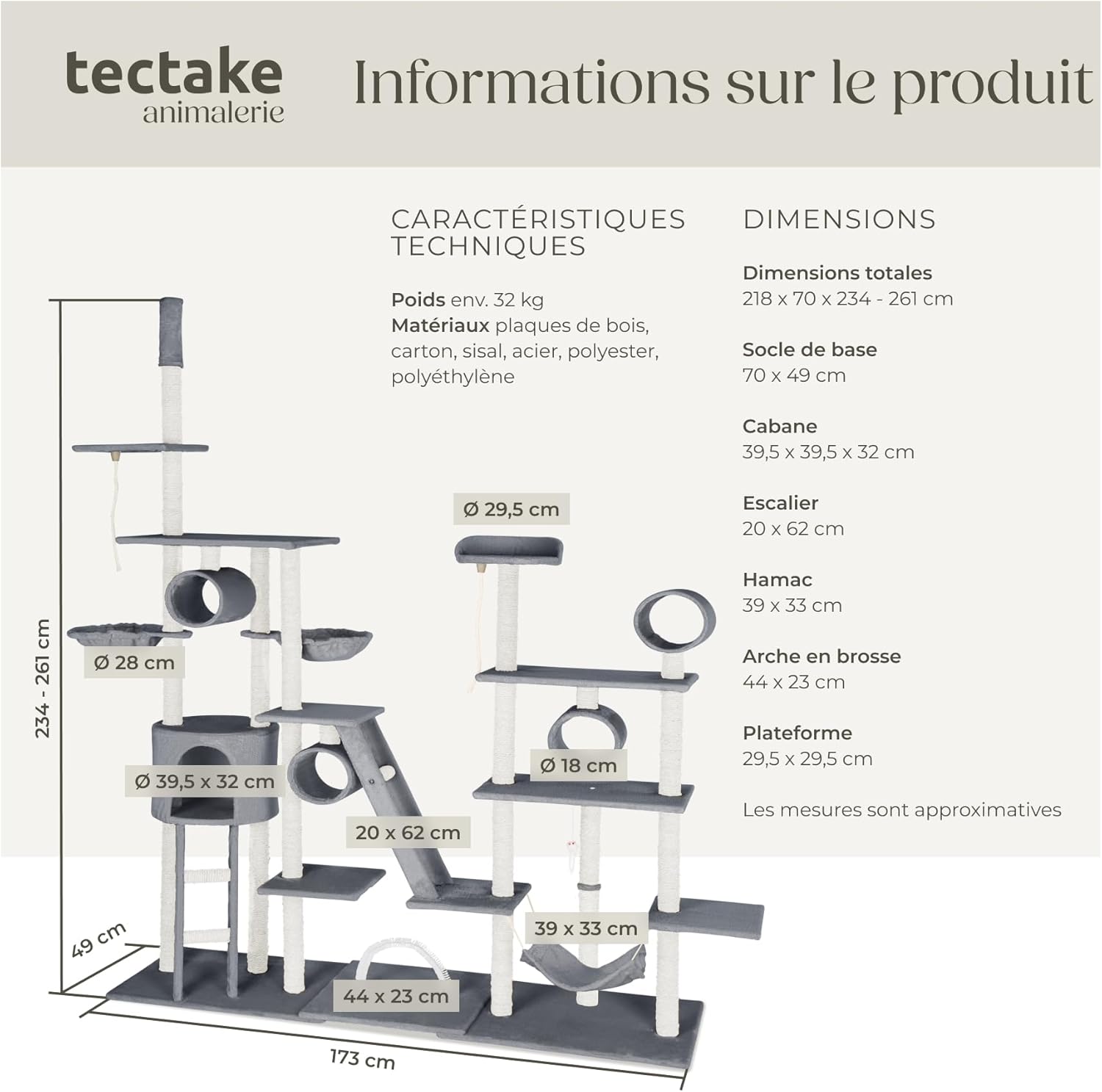 Arbre à chat XXL Tectake® H261 cm installé dans salon moderne.