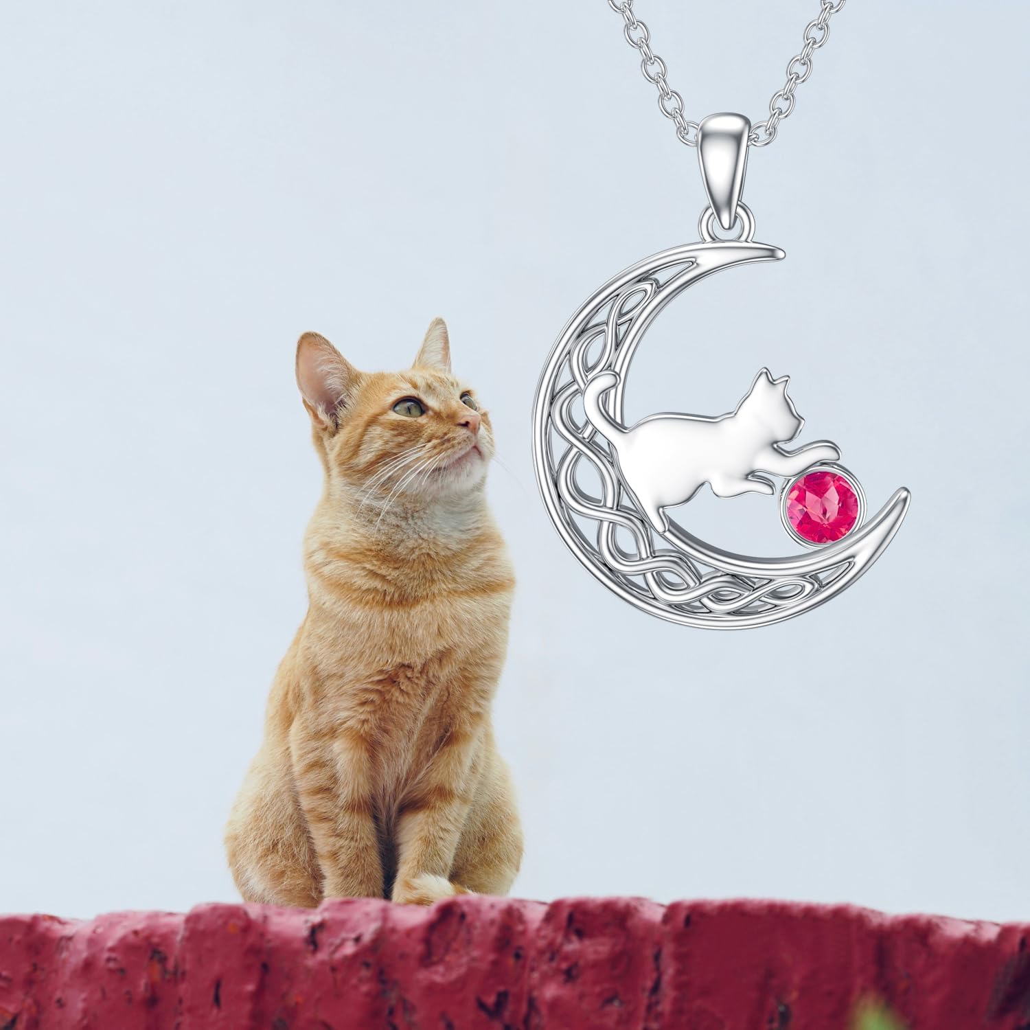 Collier en argent 925 avec pendentif chat dans la lune et pierre de naissance.
