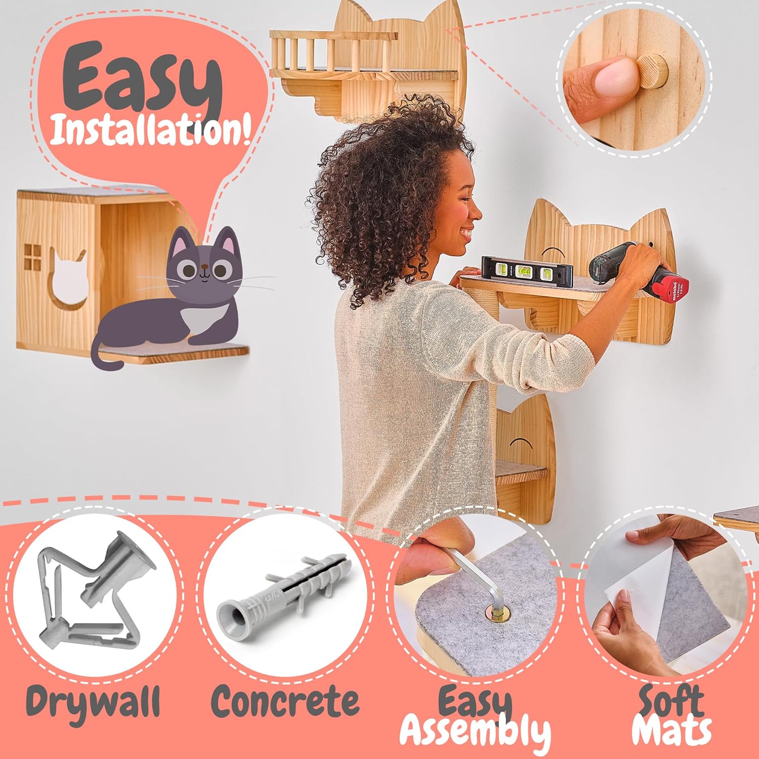 Grimpeur mural moderne en bois clair avec tapis antidérapants pour chats d’intérieur