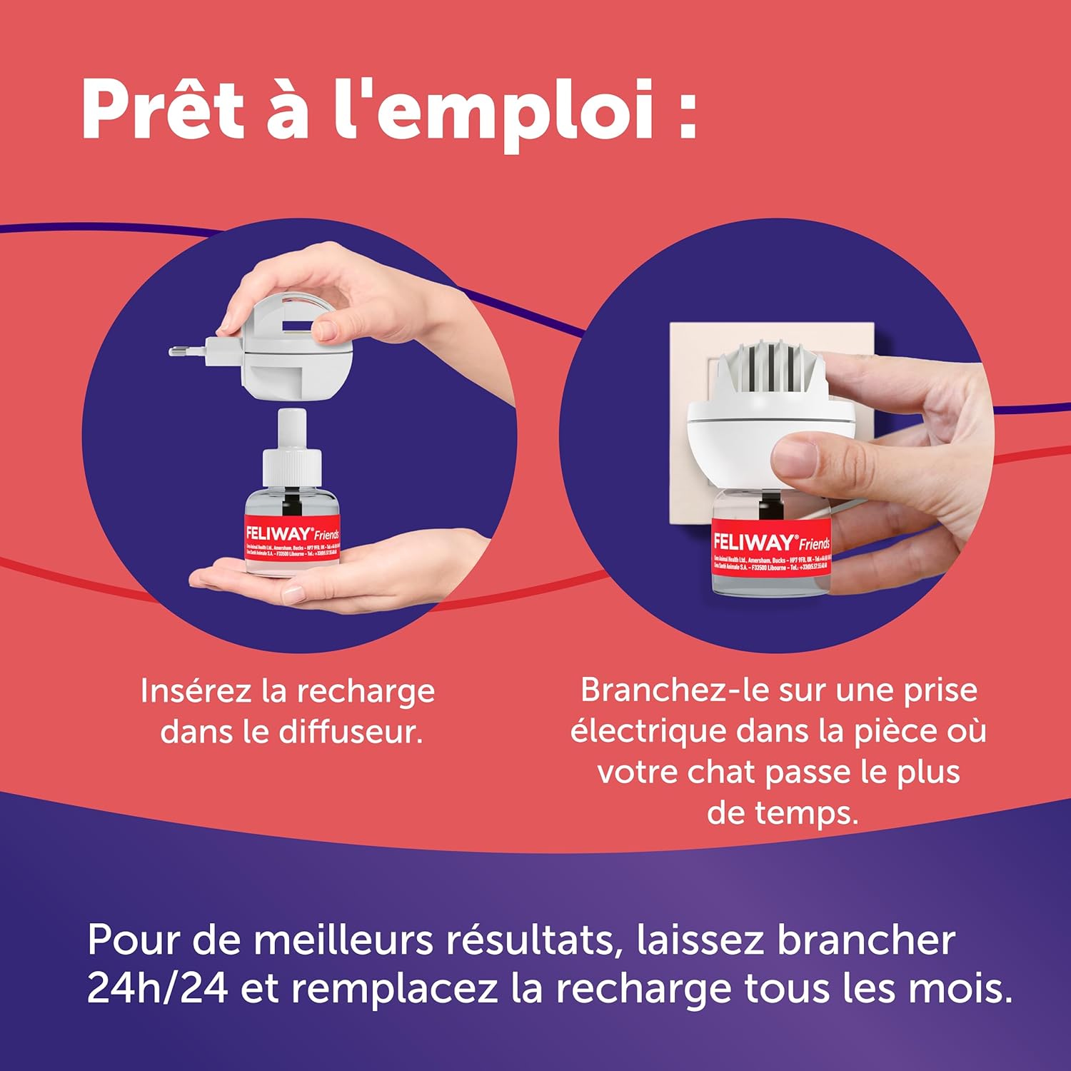 Diffuseur FELIWAY Friends branché sur prise murale dans un salon avec chats