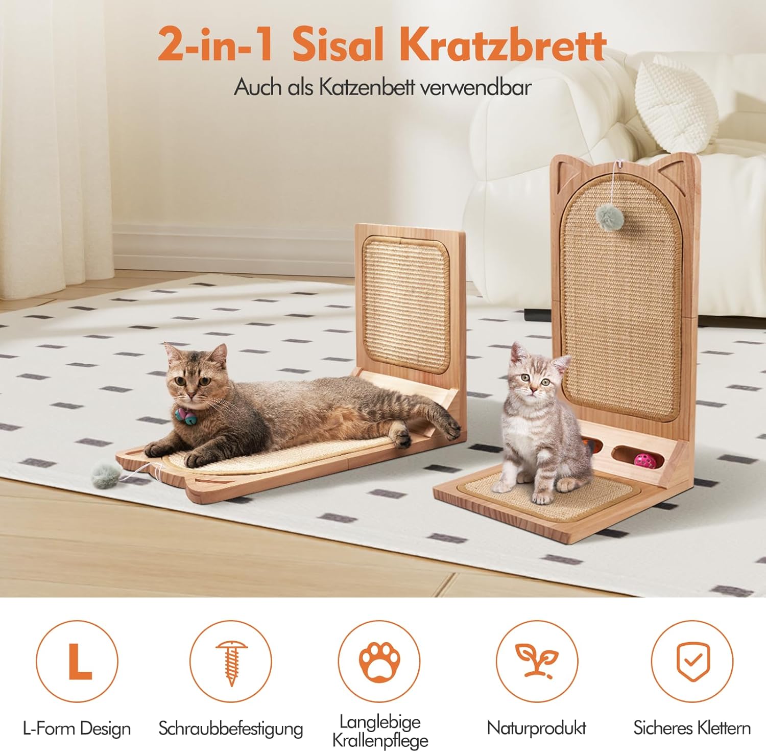 Chat faisant ses griffes sur griffoir en sisal fixé au mur.
