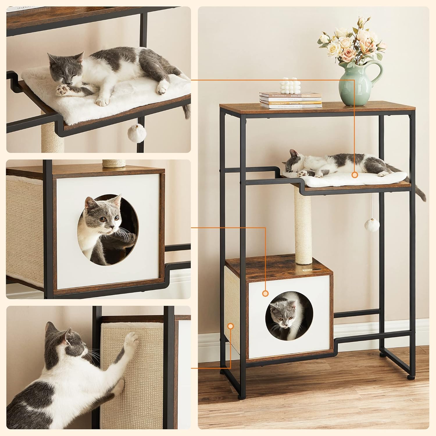 Arbre à chat design rustique avec niche confortable FEANDREA