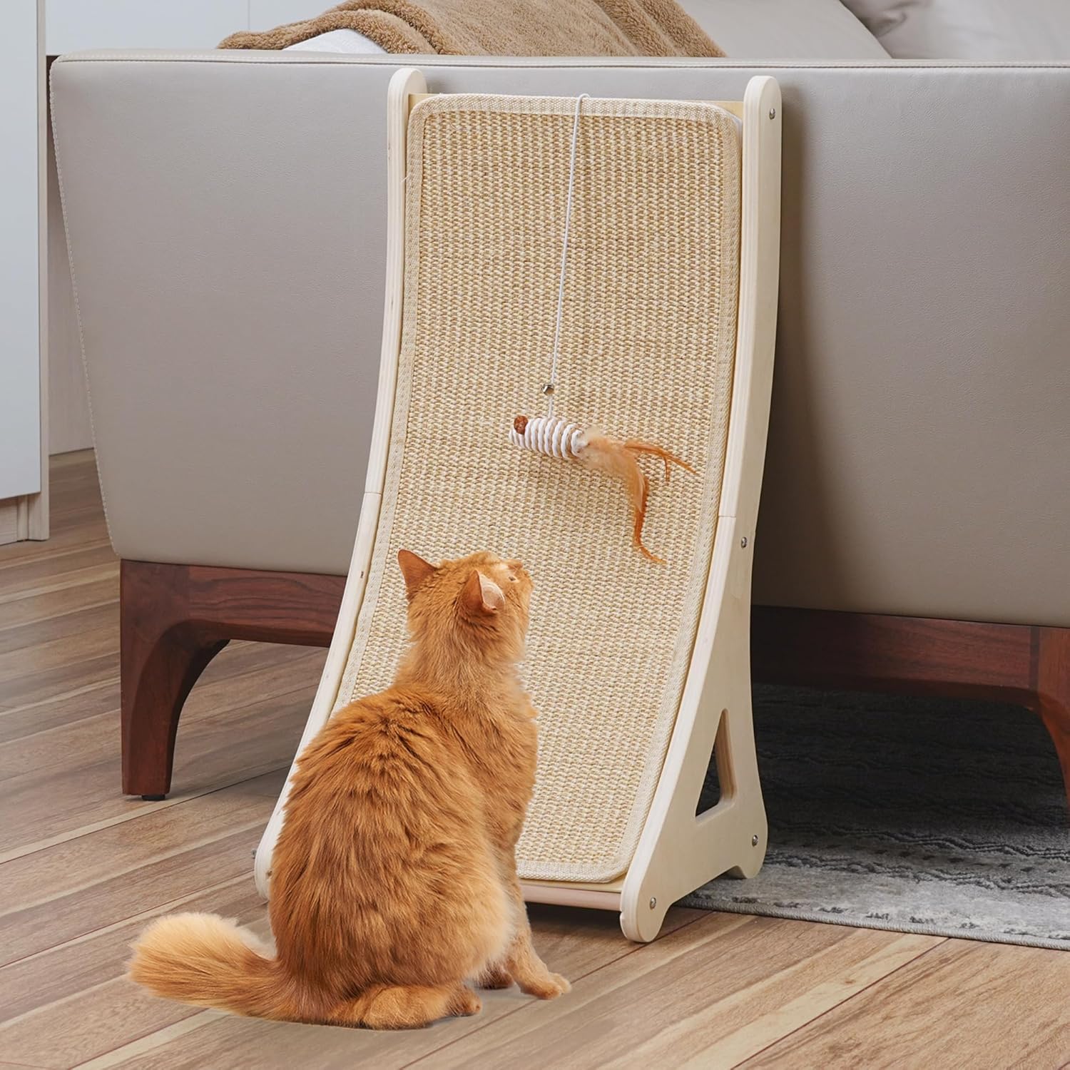 Chat jouant avec griffoir et souris suspendue