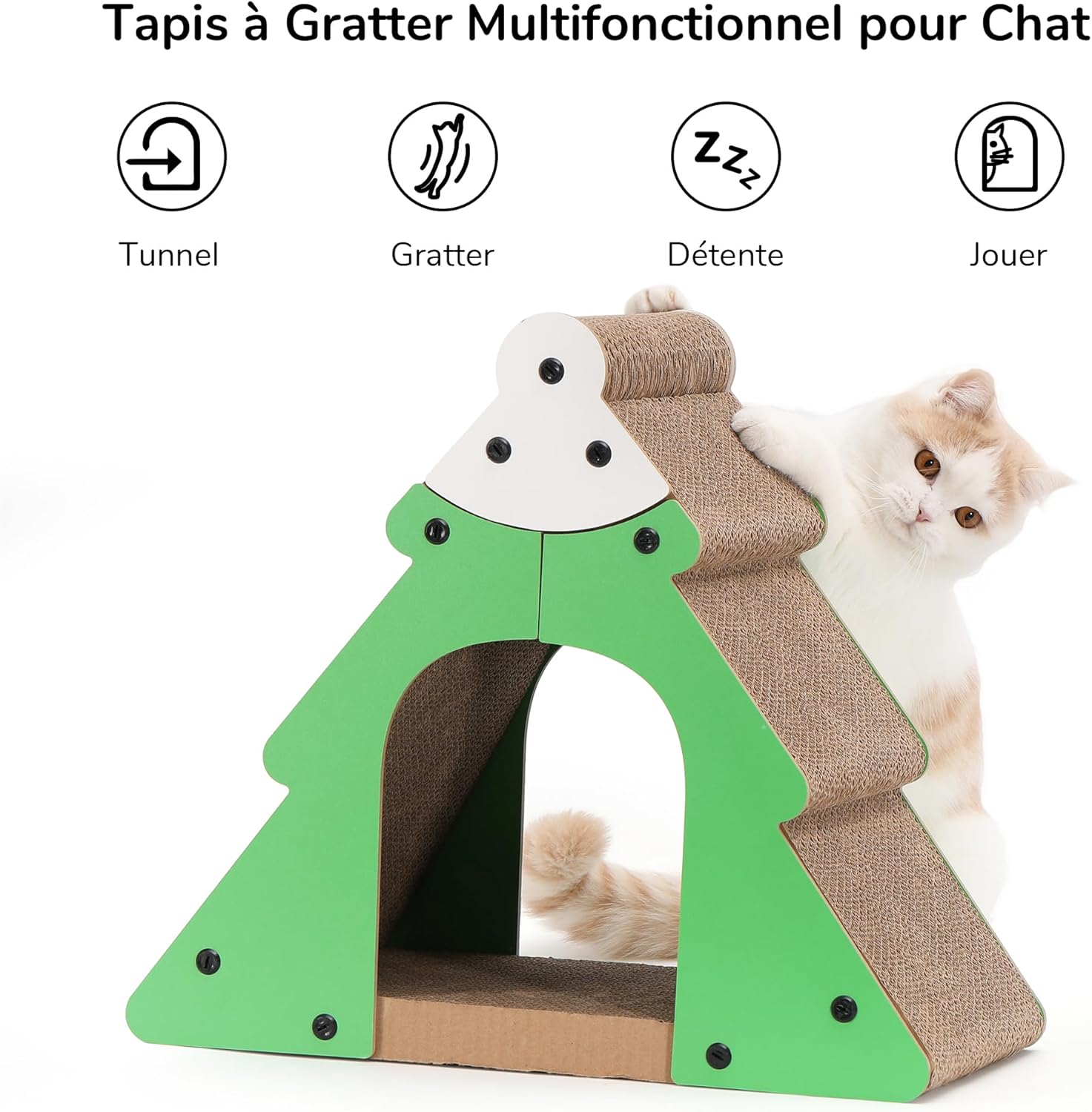 Chat utilisant le griffoir FUKUMARU vert comme maison et rampe