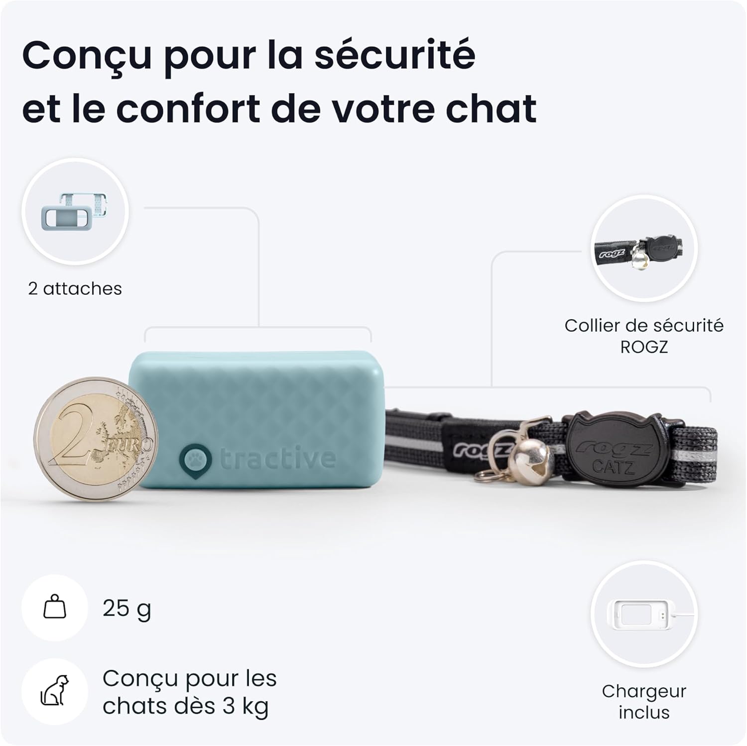 Traceur GPS pour chat léger de 25 g avec collier Rogz sécurité