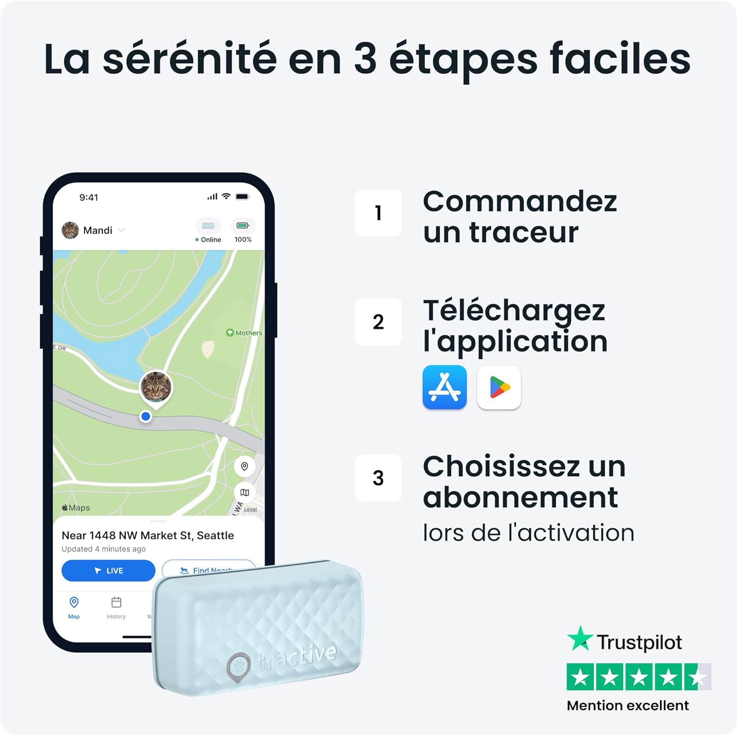 Collier GPS chat Tractive Mini couleur menthe avec suivi en temps réel