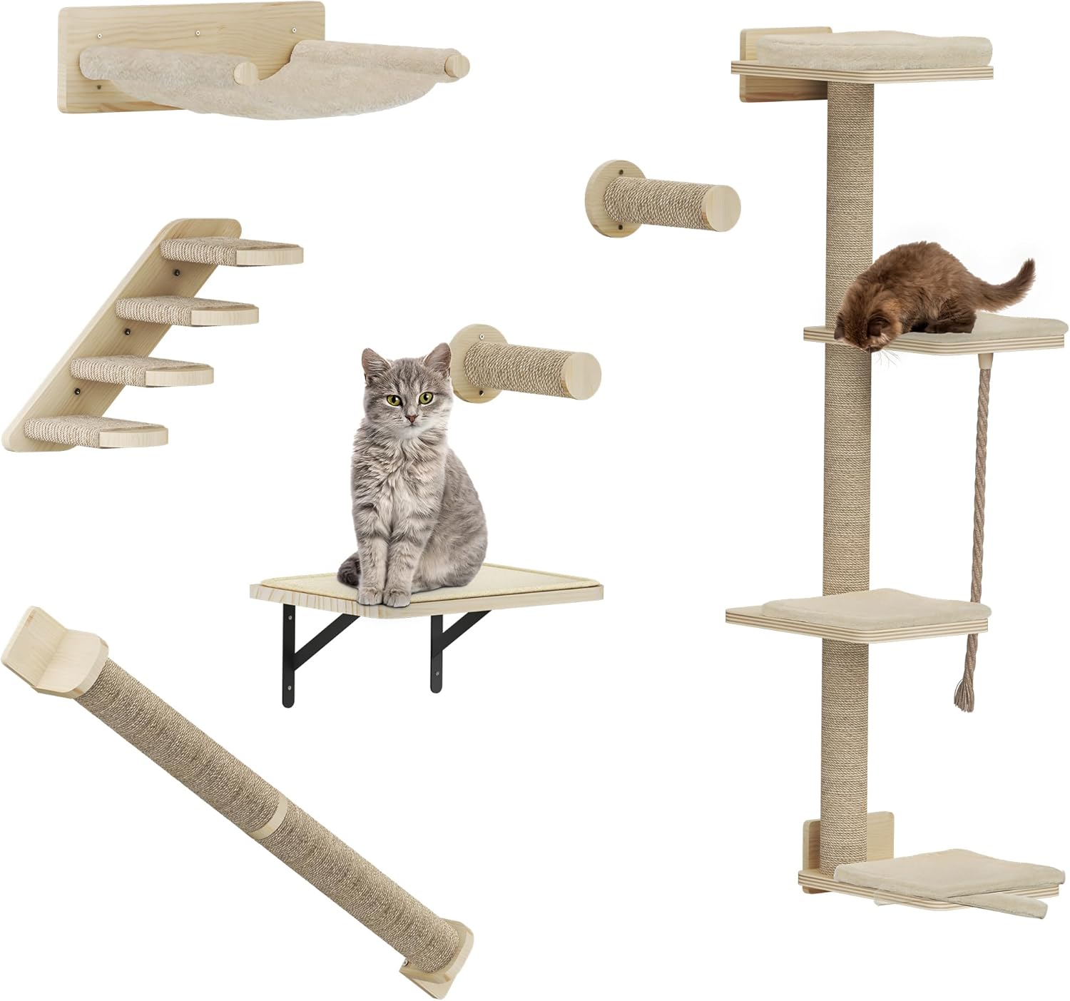 Chat sur arbre à chat mural en bois avec griffoir sisal