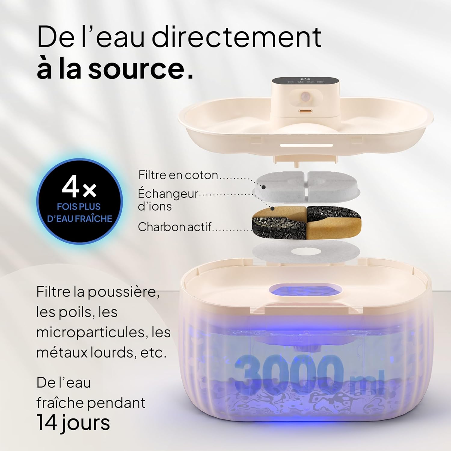 Fontaine Pretty Paw rechargeable sans fil beige avec garantie pompe 365 jours