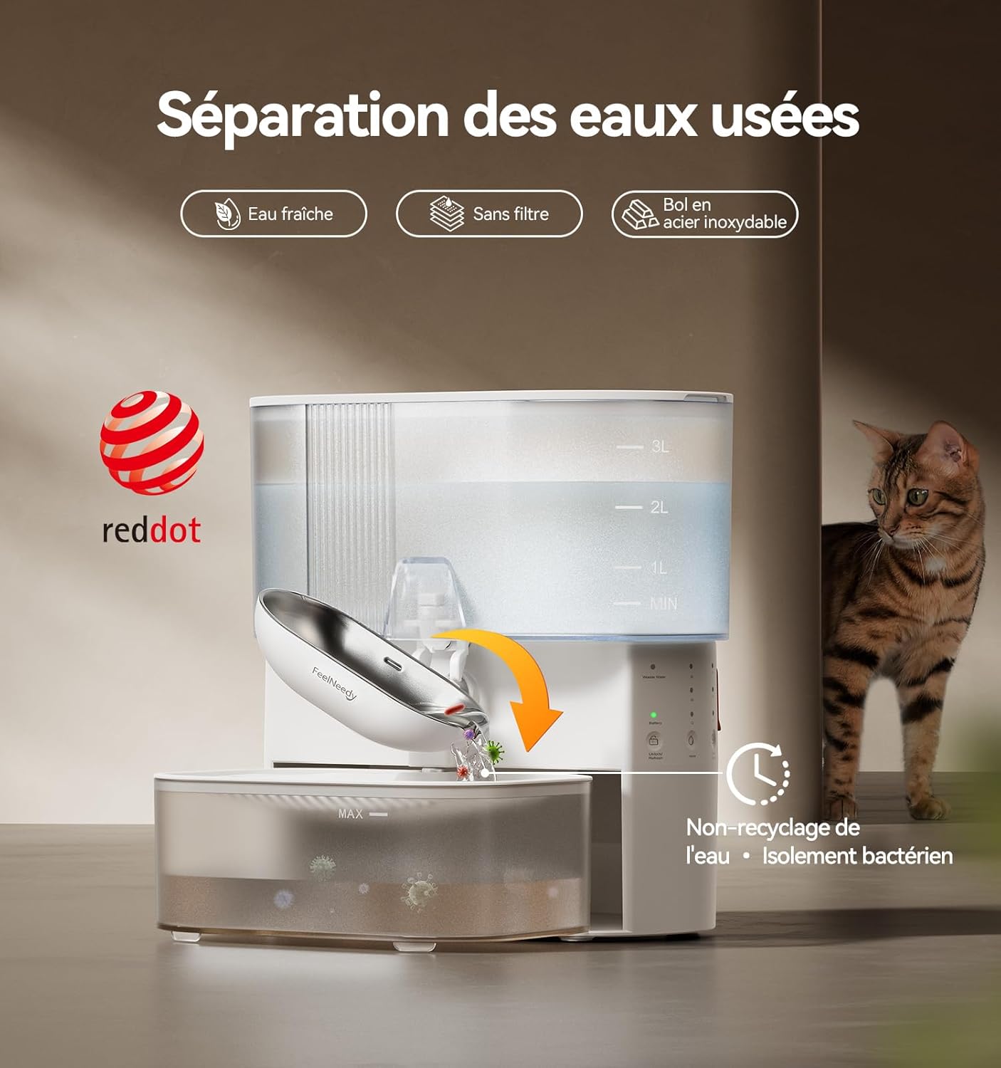 Installation simple fontaine à eau chat sans filtre portable