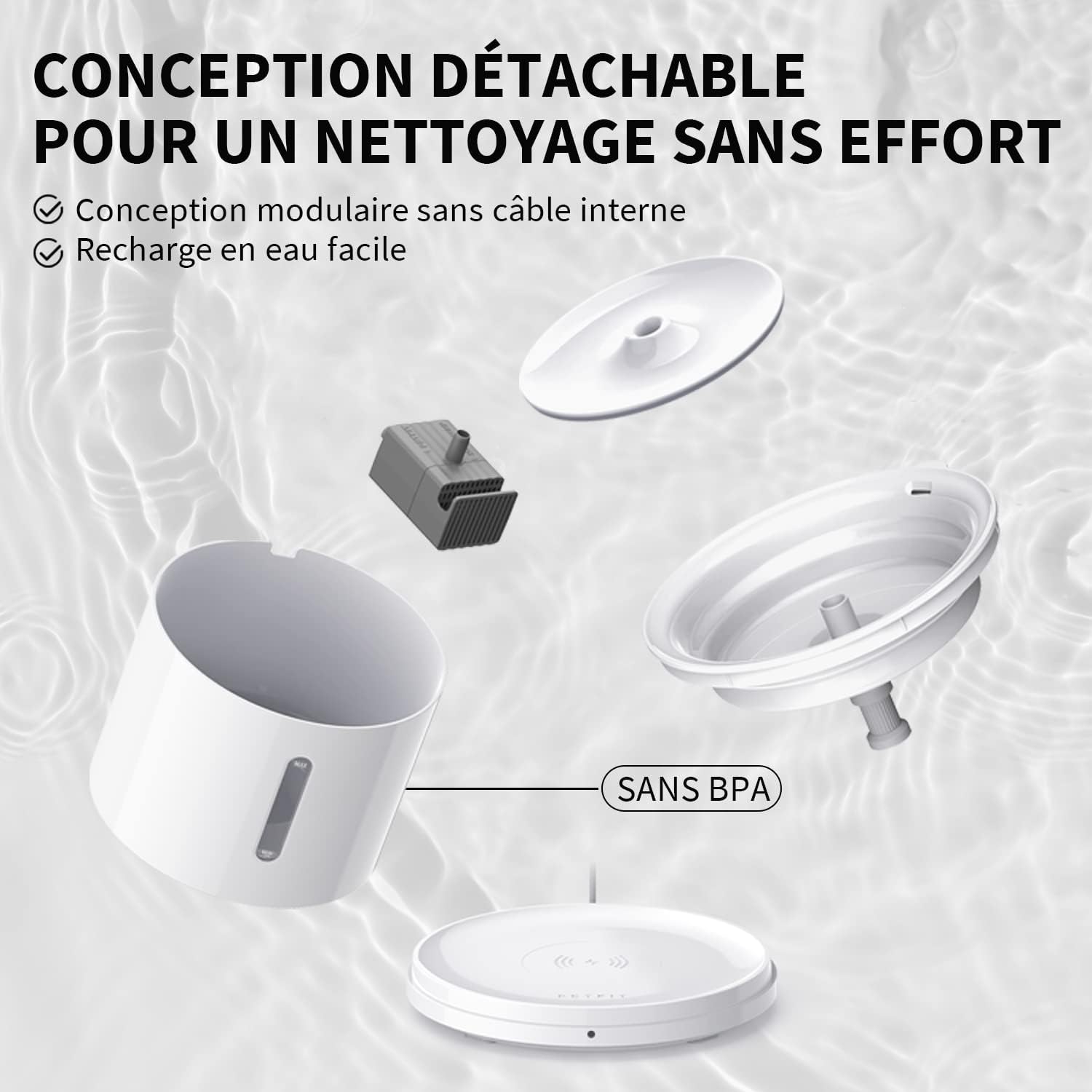 Distributeur d’eau pour chat avec pompe sans fil ultra silencieuse