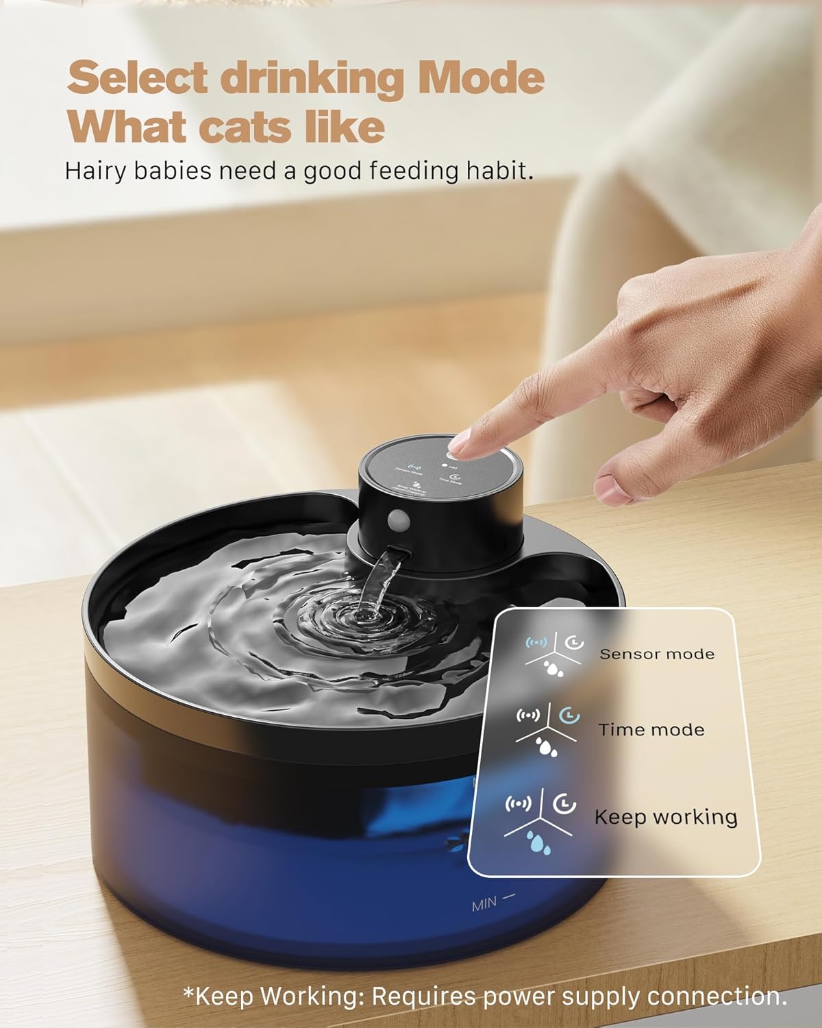 Mode LED bleu de nuit sur la fontaine à eau silencieuse pour chat
