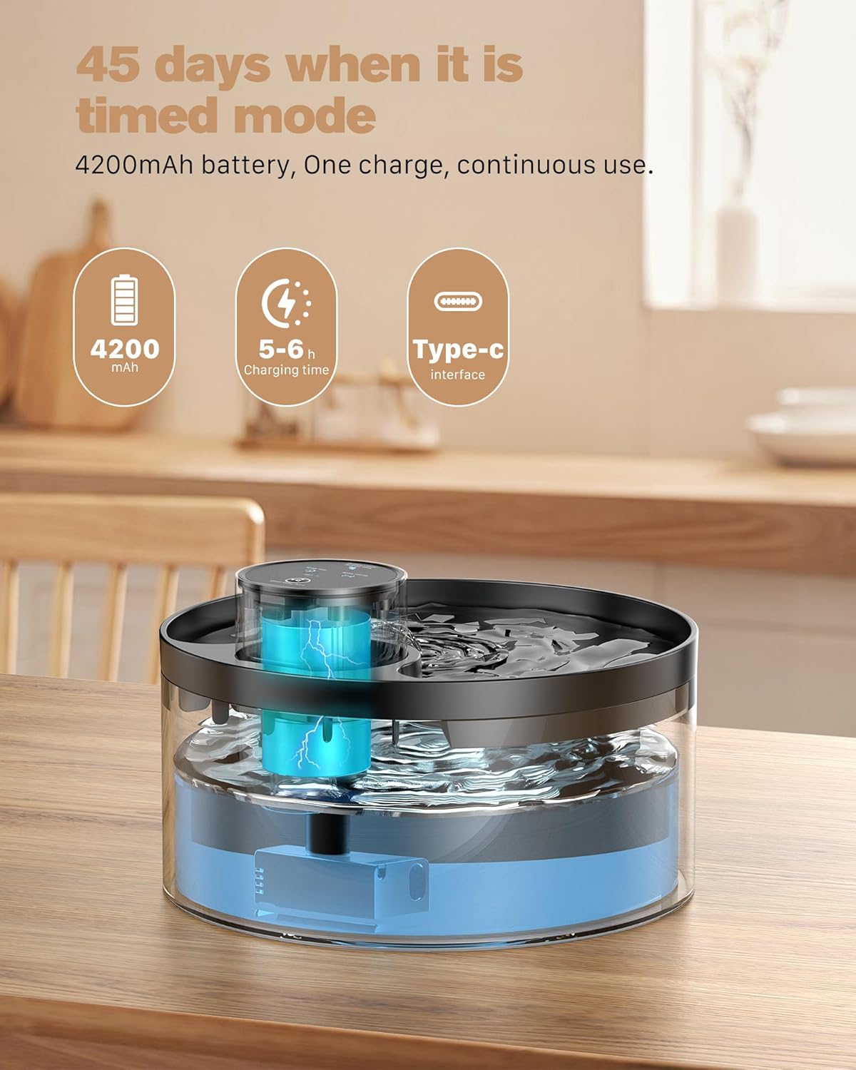 Recharge USB Type-C de la fontaine à eau chat pile rechargeable