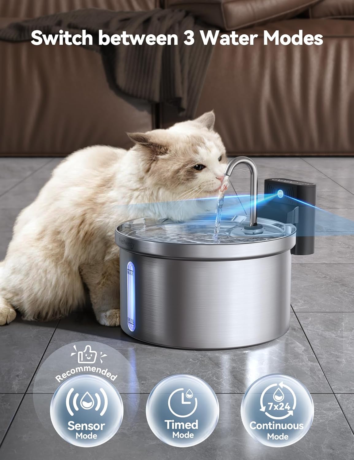 Chat buvant eau fraîche dans fontaine à batterie FEELNEEDY