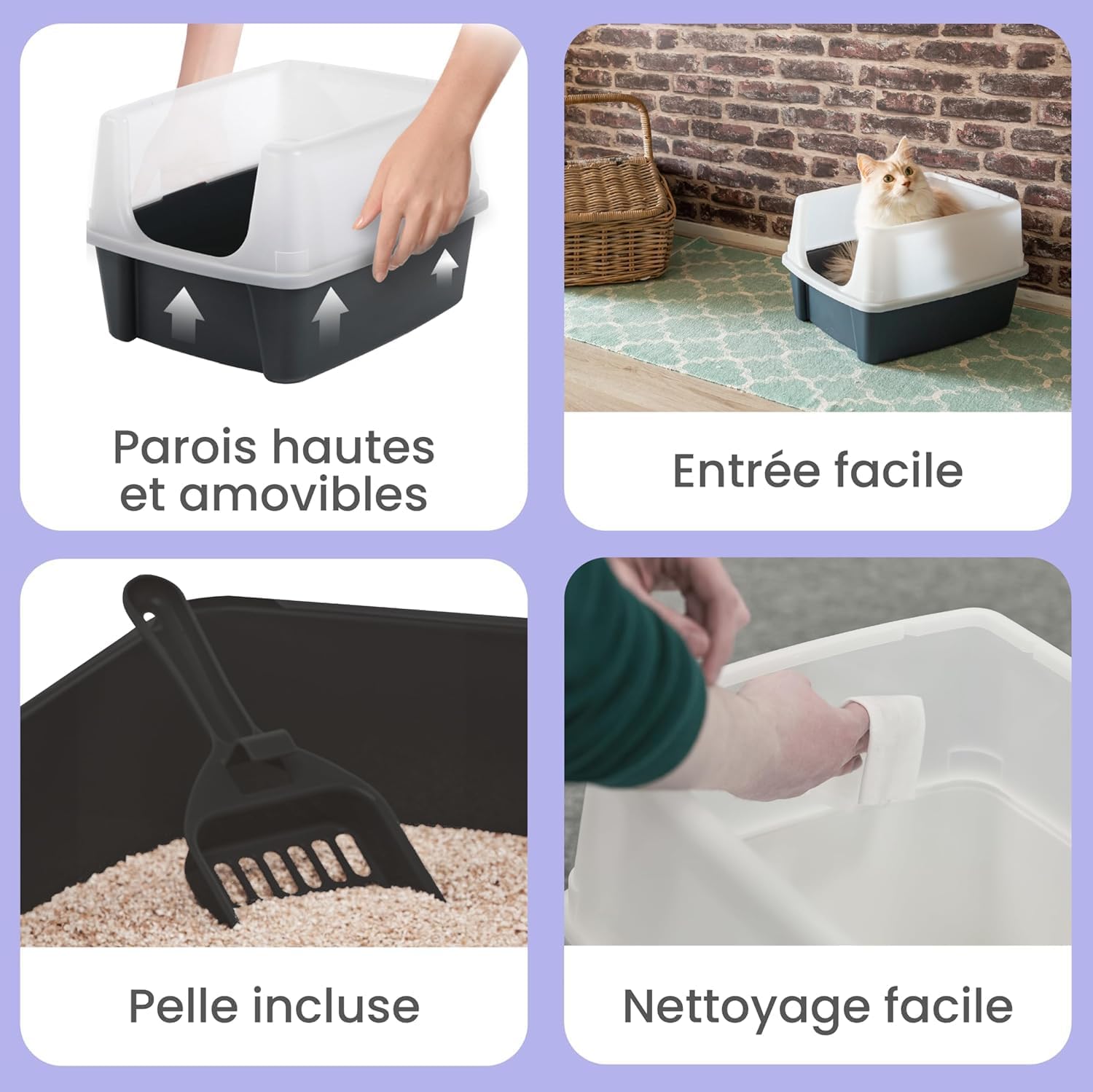 Bac à litière en plastique résistant pour chats adultes et chatons