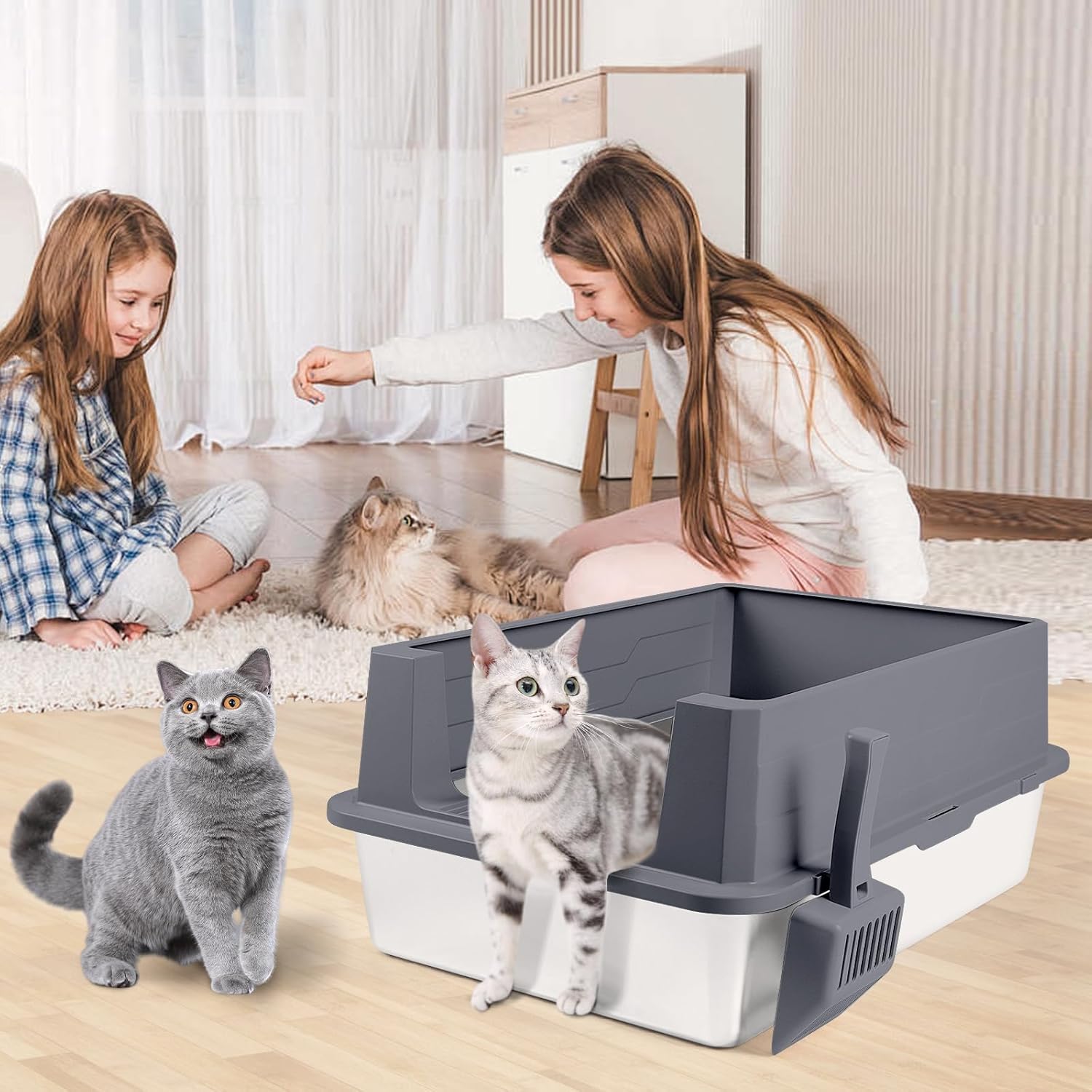 Bac à litière XXXL Bartuke en acier inoxydable pour grands chats