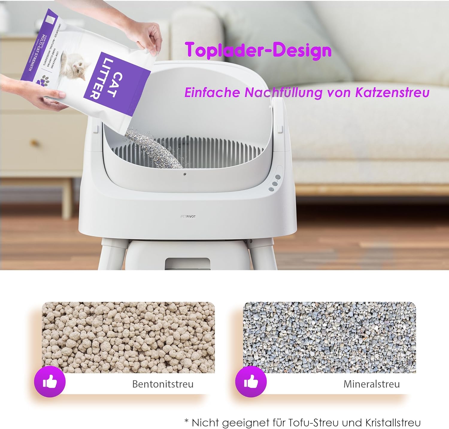 Chat profitant d’une litière autonettoyante design ouvert PetPivot