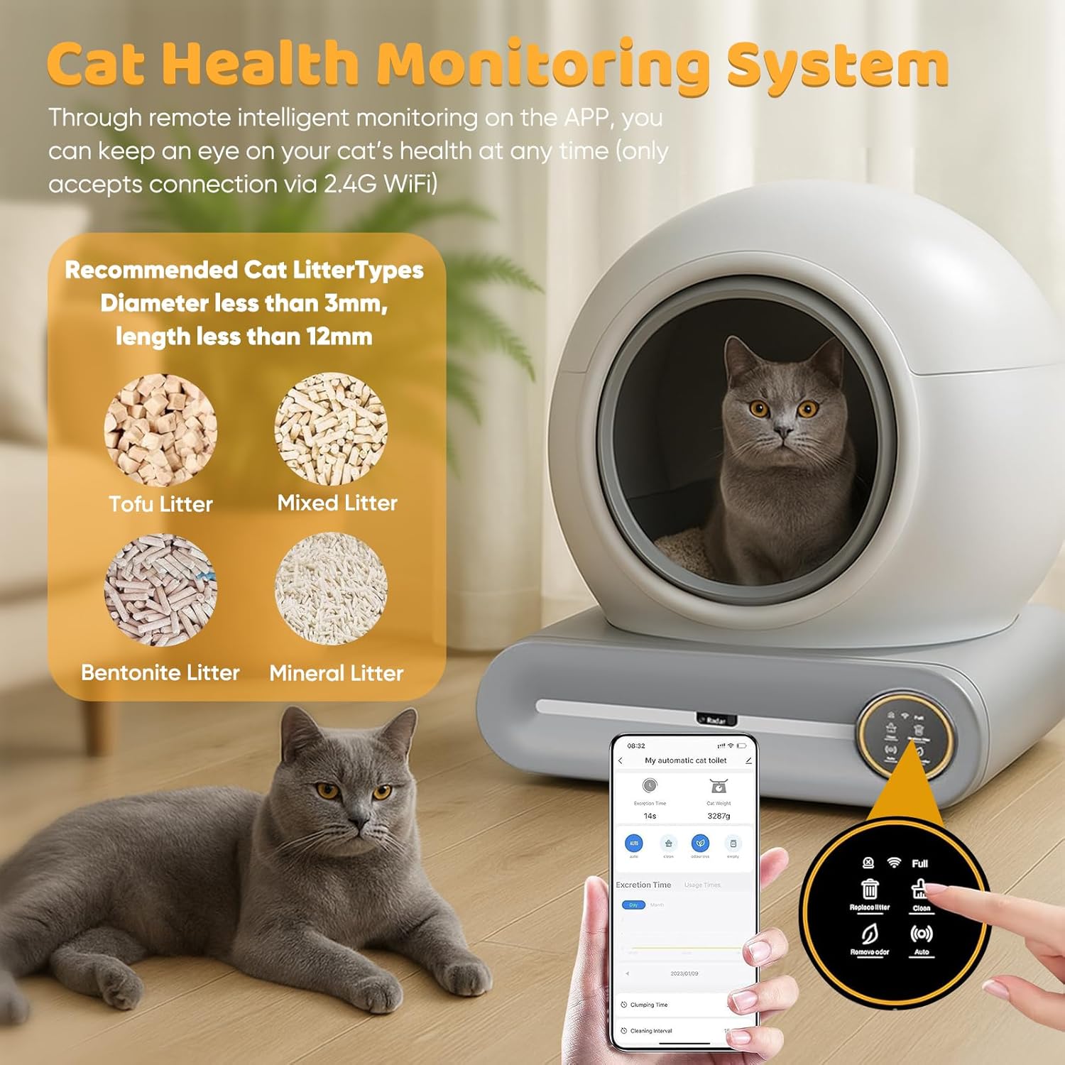 "Chat profitant de sa litière autonettoyante confortable 65L"
