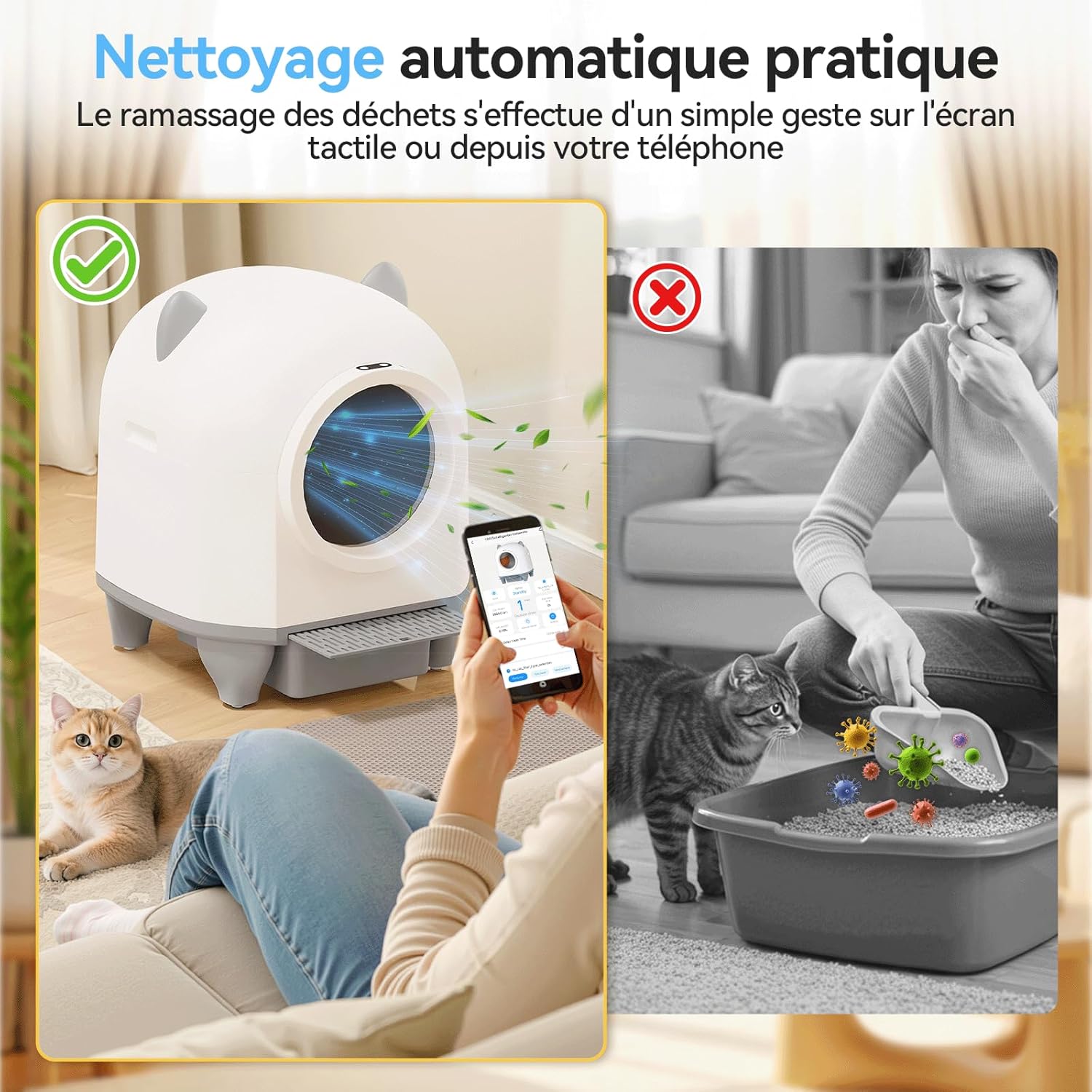 Chat heureux utilisant la litière spacieuse, ambiance harmonieuse maison et animal