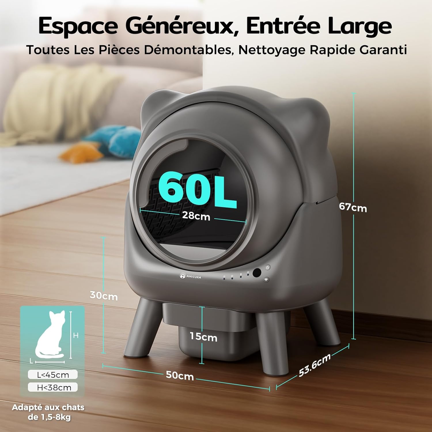 Bac à litière anti-odeurs avec poubelle scellée Amicura Cura X1