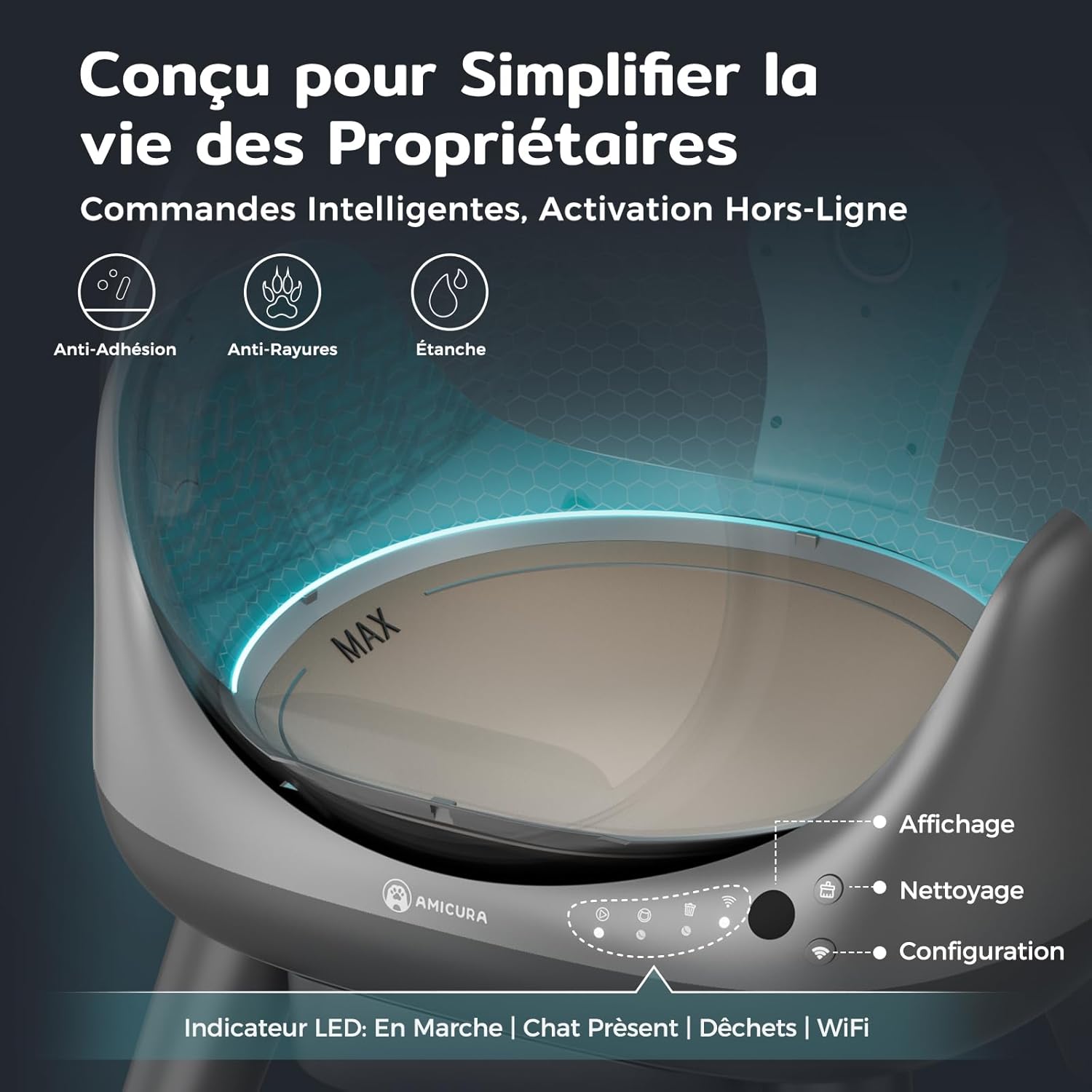 Application mobile de contrôle de la litière automatique Amicura Cura X1