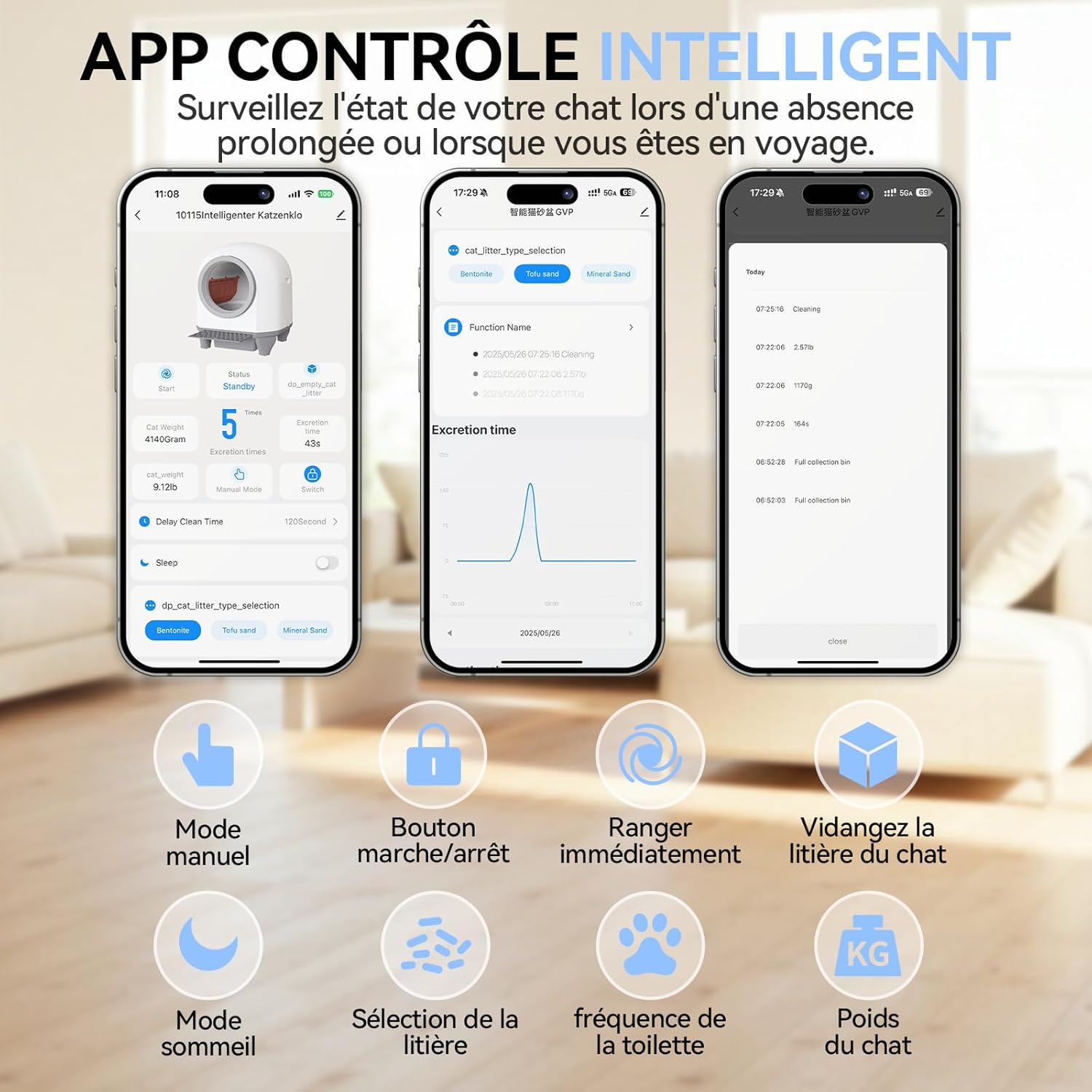 Bac à litière automatique 90L avec contrôle APP et suivi santé chat