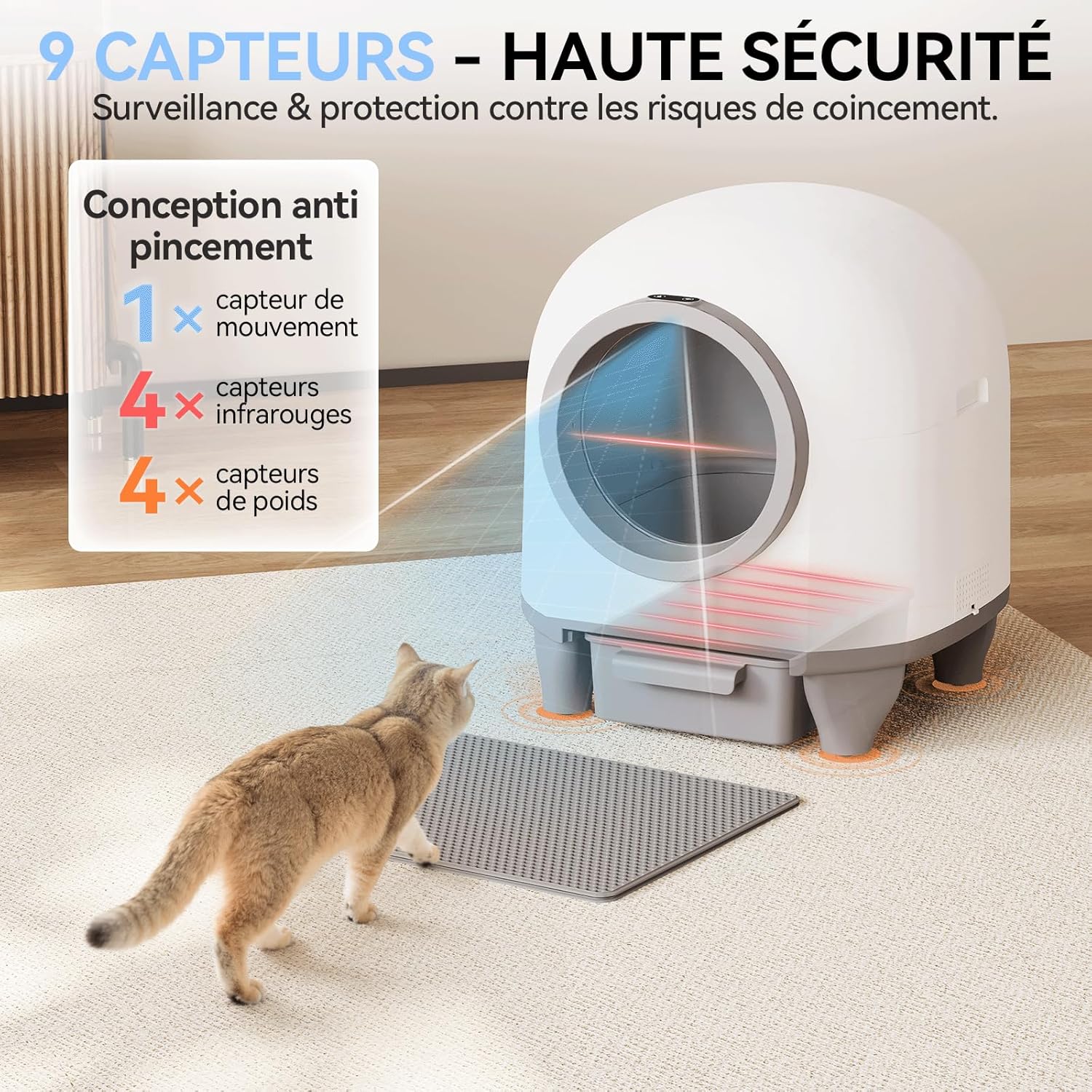 Grande litière chat connectée avec couvercle amovible et capteurs
