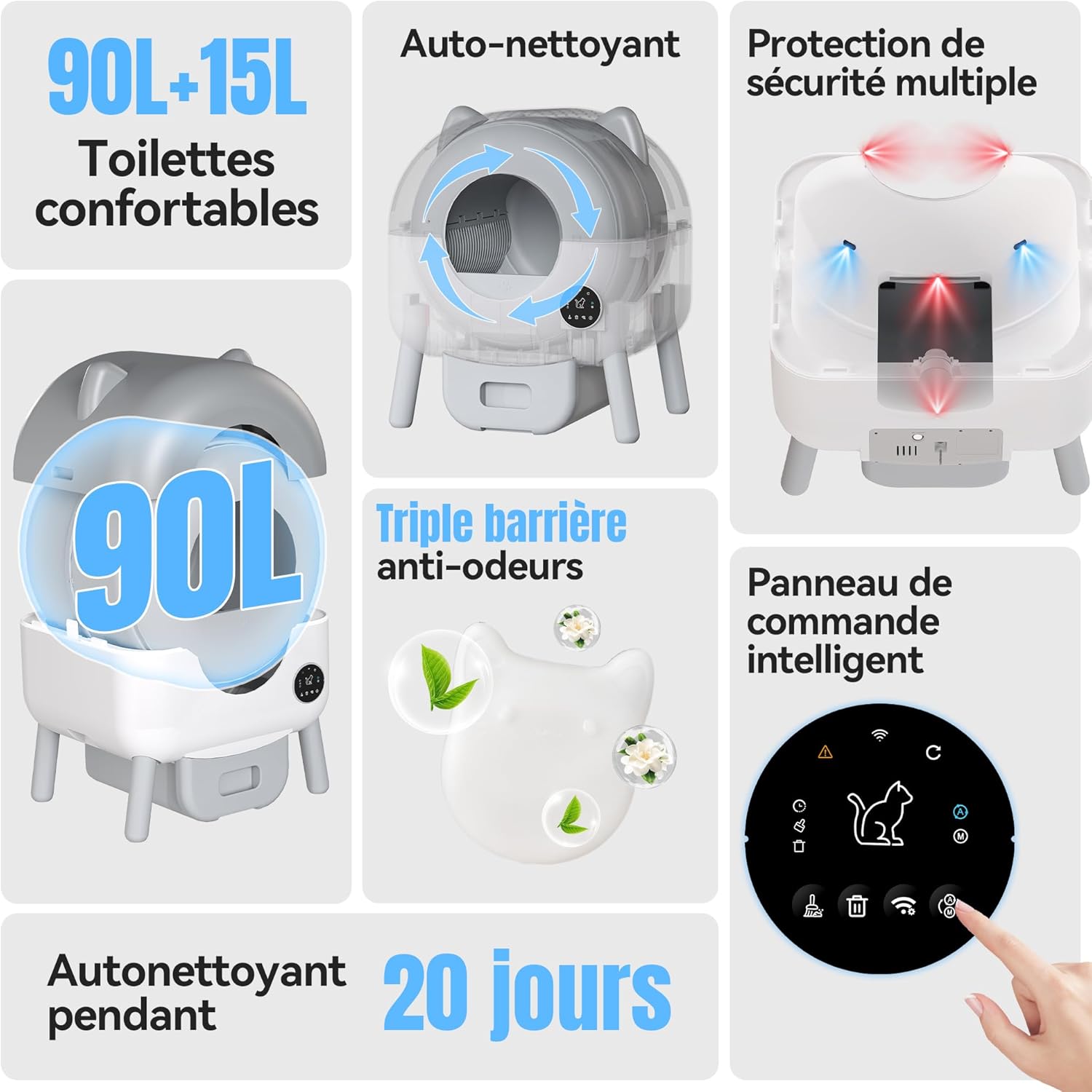 Bac autonettoyant démontable facile à nettoyer pour chats