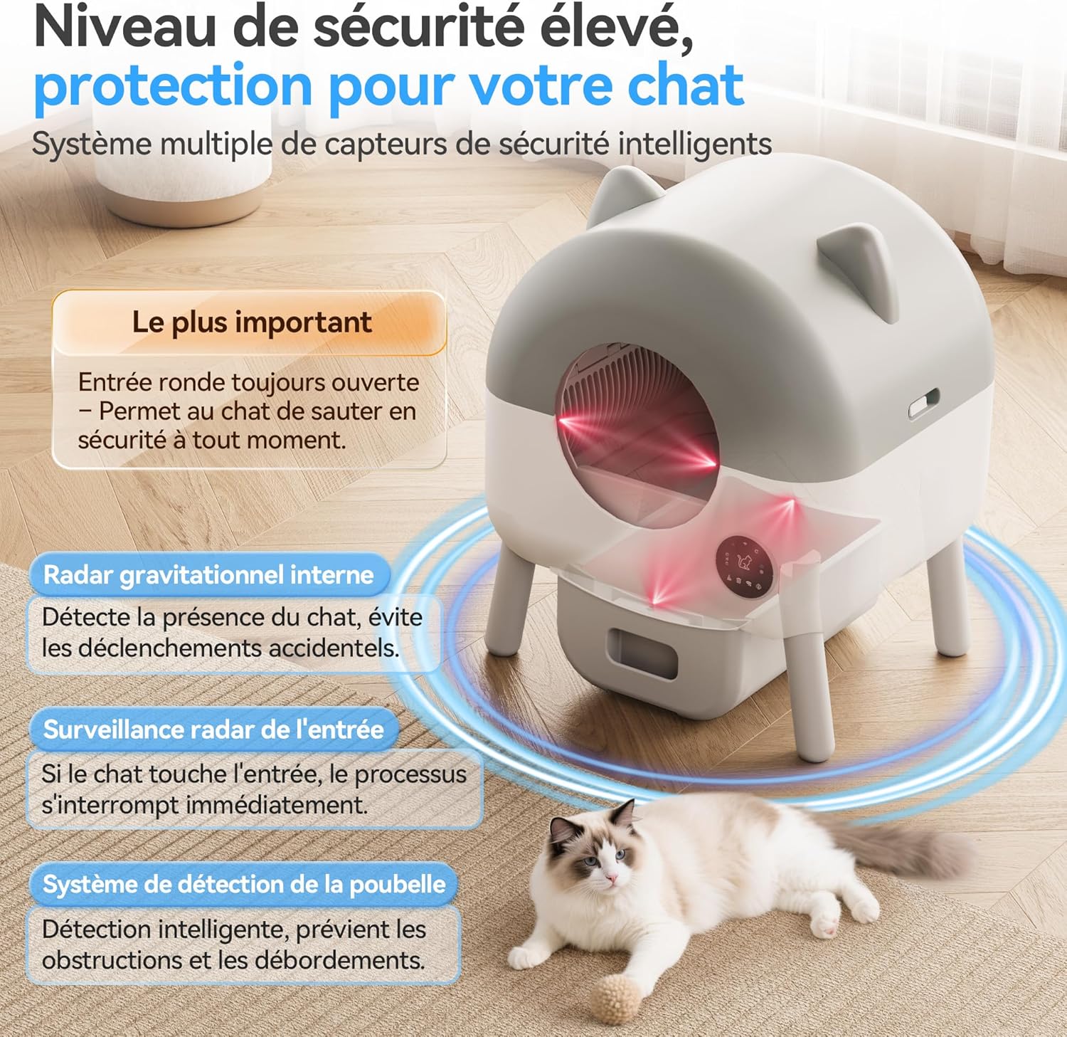 Litière chat autonettoyante avec système de sécurité intelligent