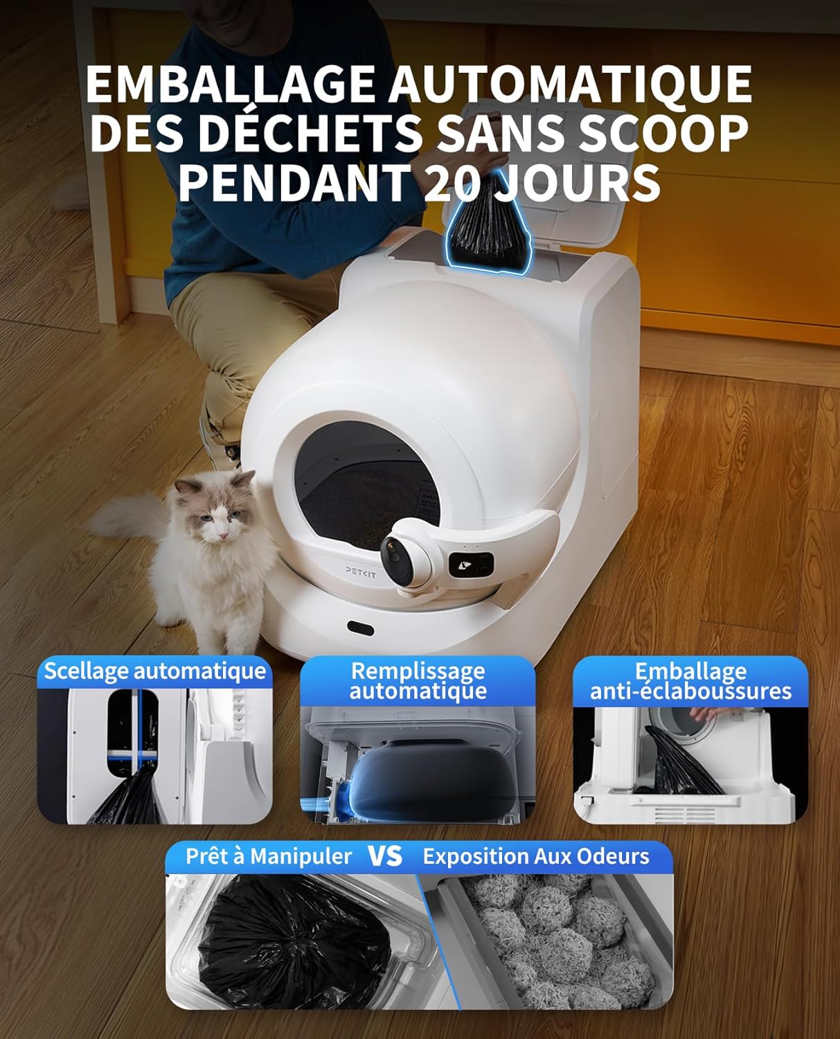 Système anti-odeurs litière autonettoyante moderne.