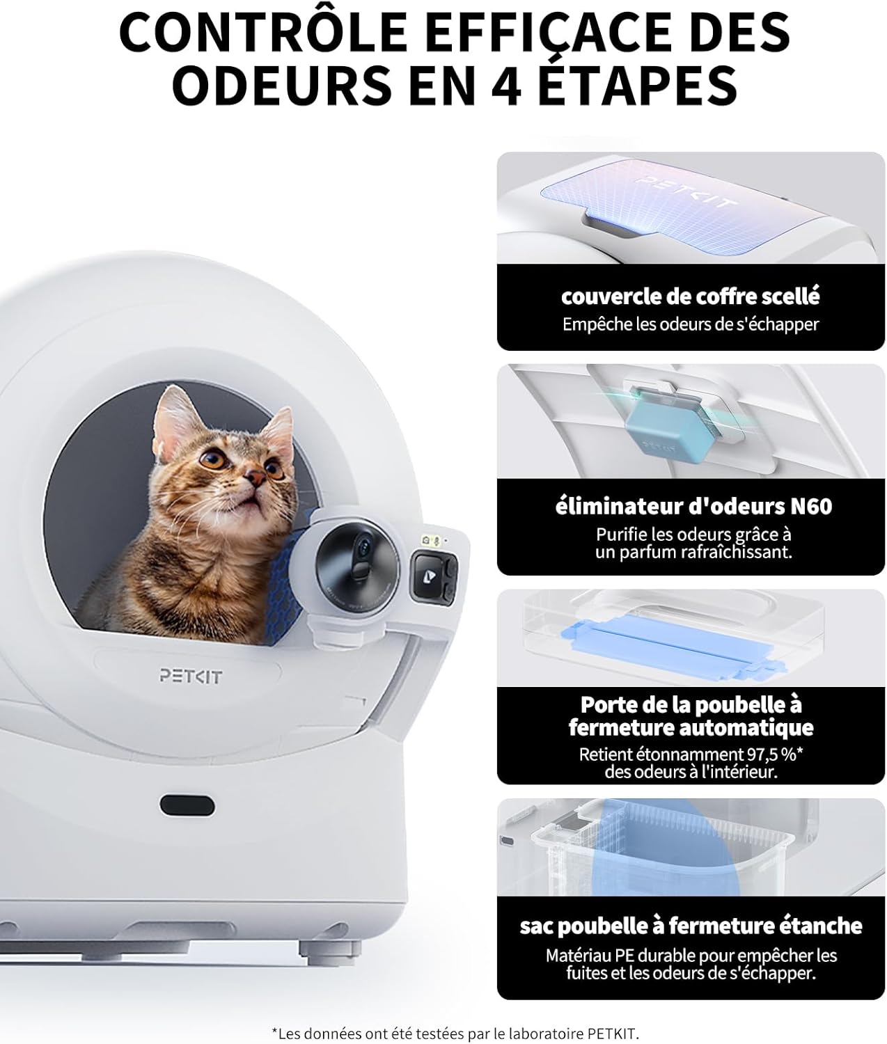 Caméra intégrée litière autonettoyante avec vision nocturne.