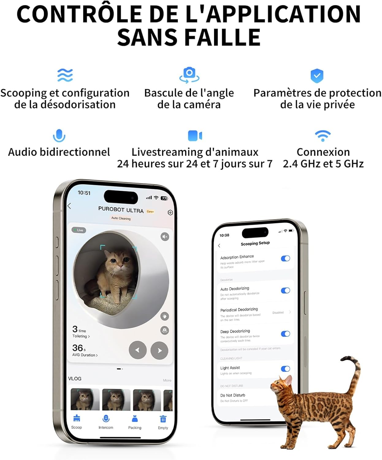 Bac à litière pour chat intelligent avec suivi santé IA.