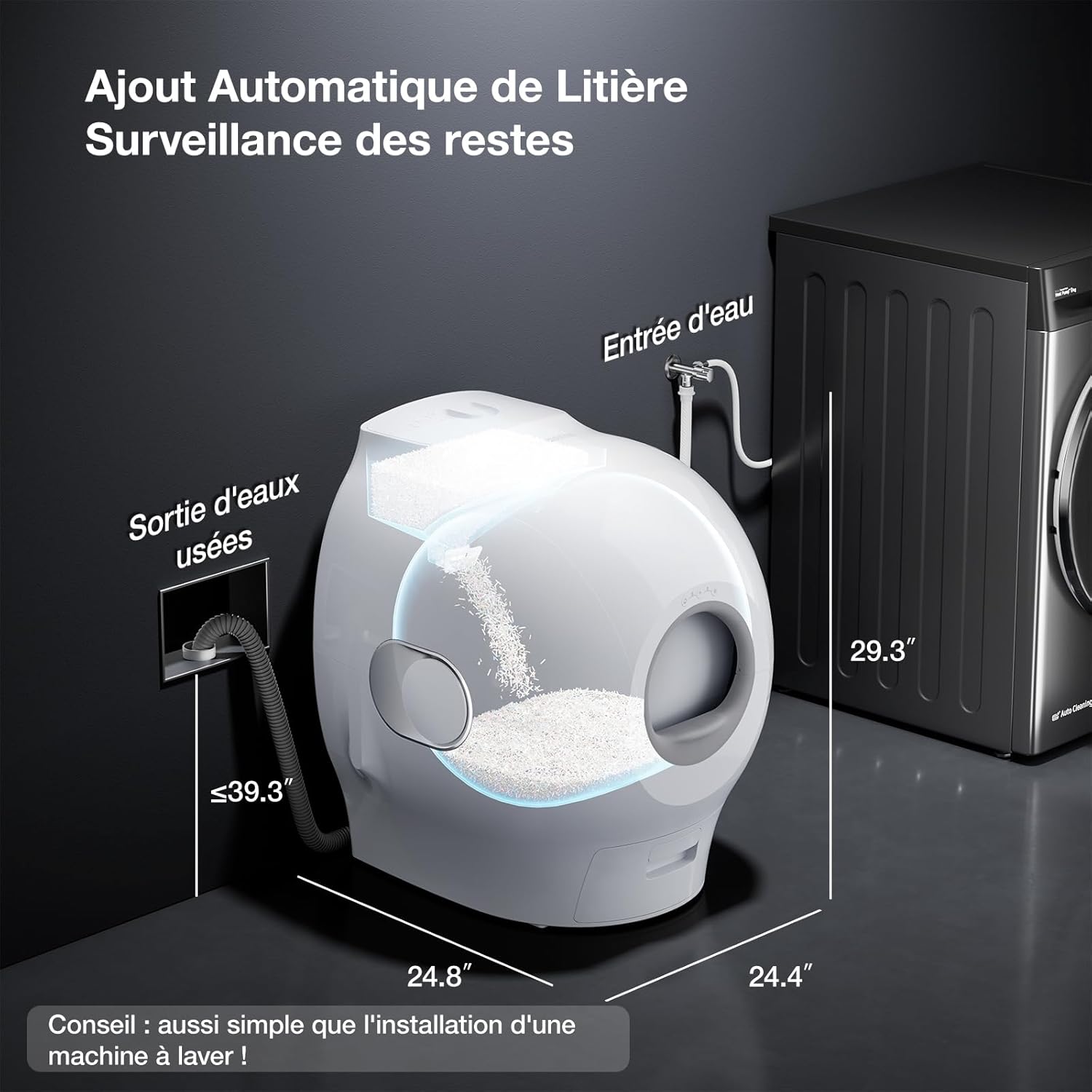 Caméra intégrée sur litière autonettoyante pour surveillance à distance