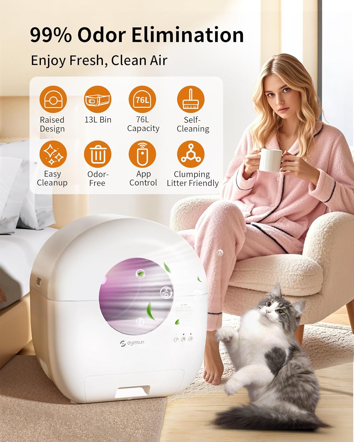 Bac autonettoyant pour chats avec tapis anti-salissures intégré
