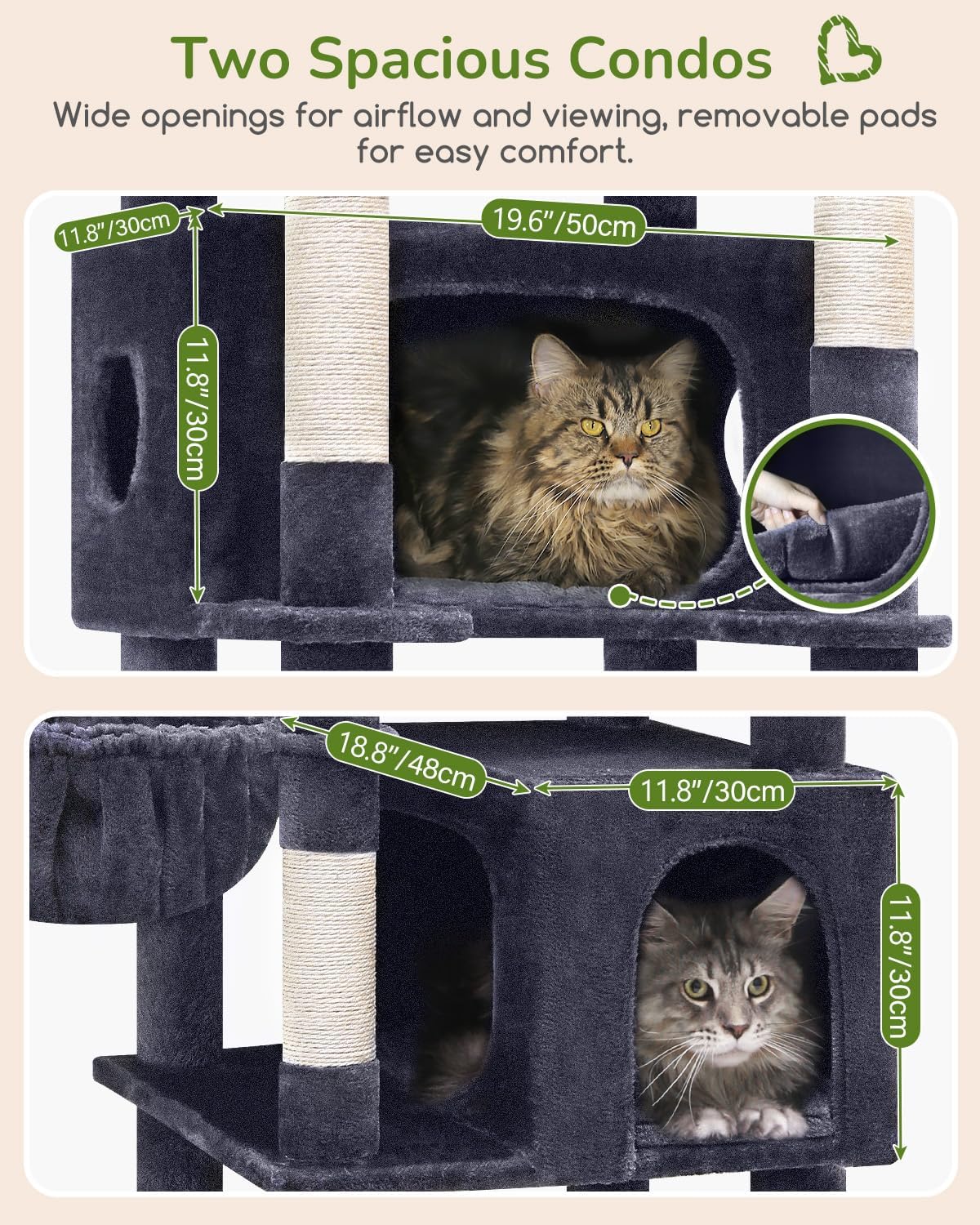 arbre à chat haut en bois et sisal avec deux paniers moelleux