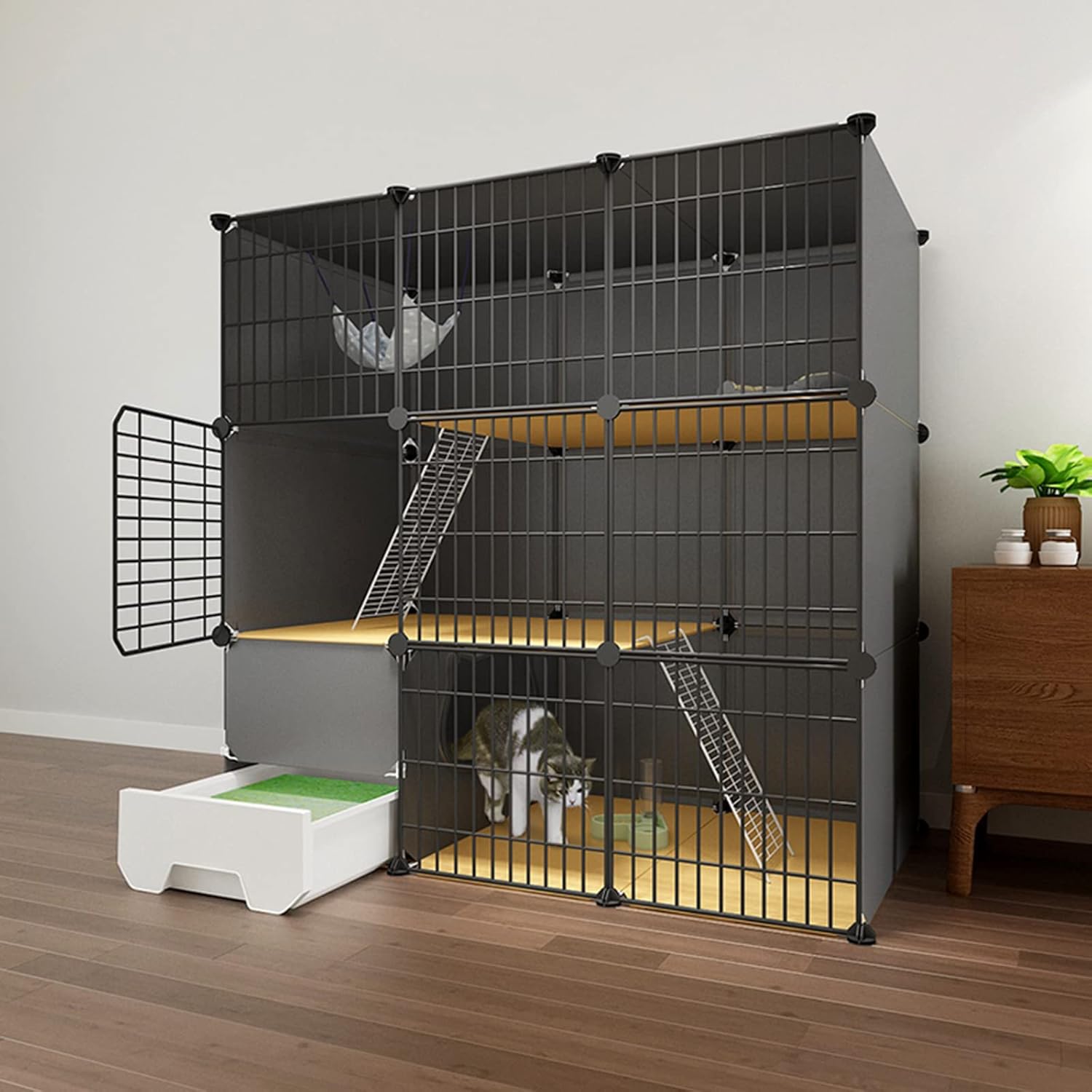 Grande cage d’intérieur pliable pour chat avec bac à litière