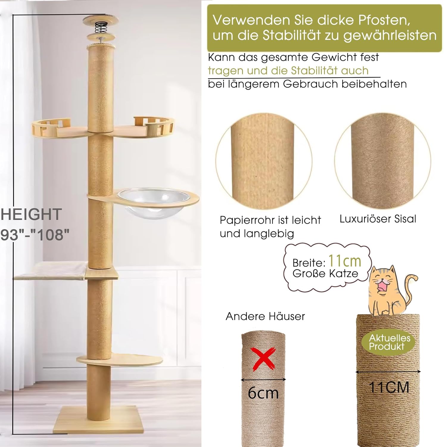 Arbre à chat Mekidulu avec tendeur de plafond réglable bois naturel