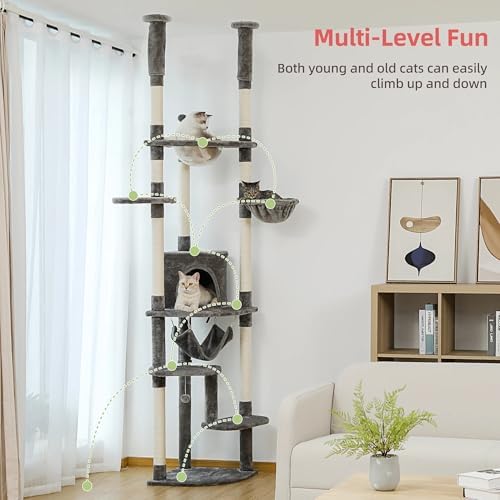 arbre à chat design moderne avec pompons en peluche