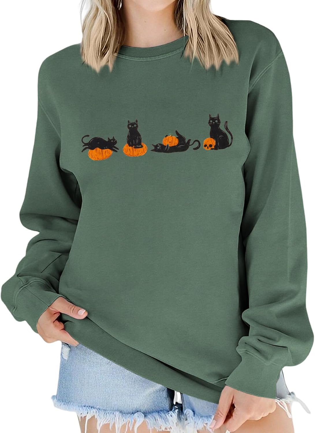 Sweat-shirt oversize Halloween motif félin citrouille coton doux