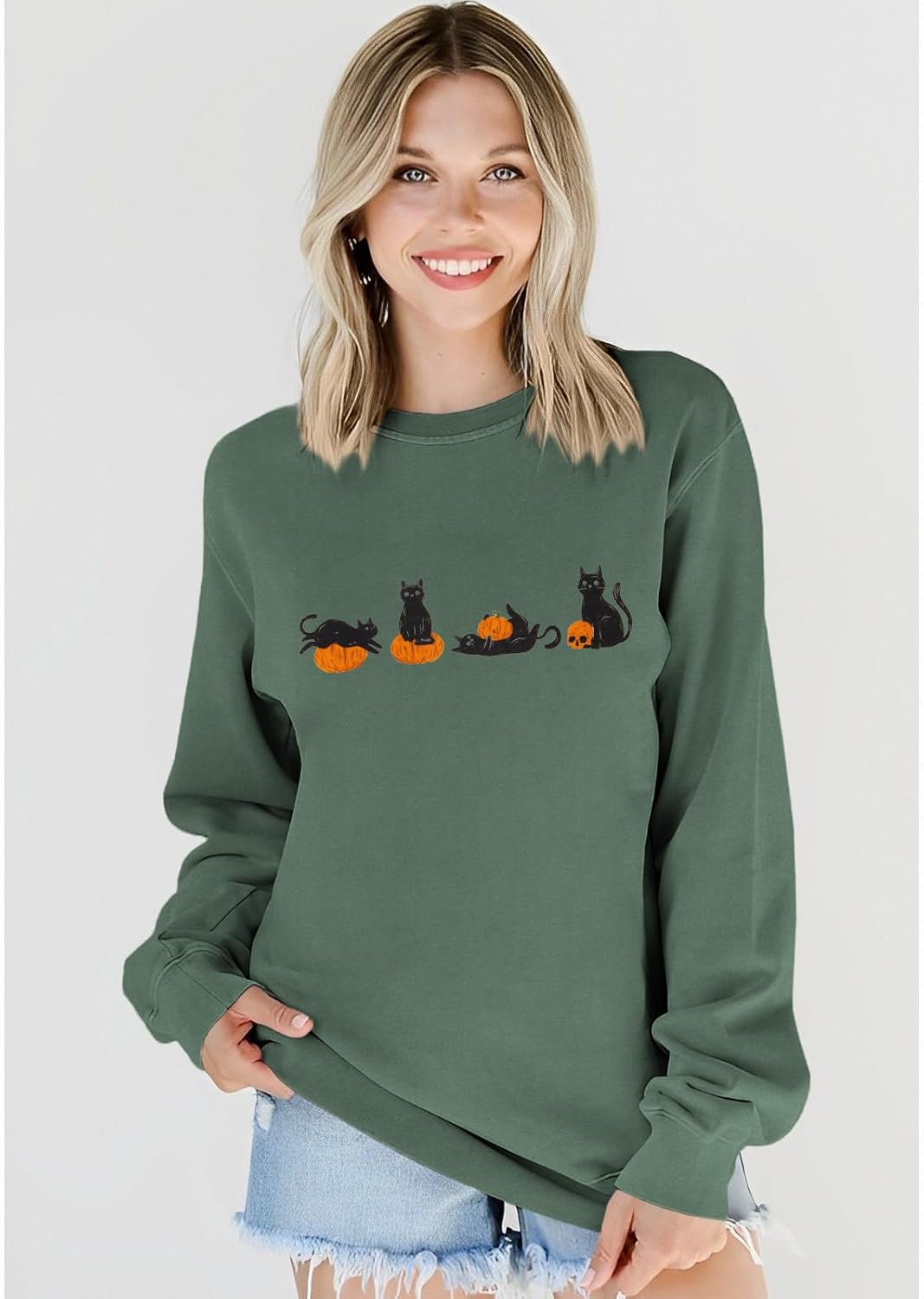 Pull Halloween chat citrouille vert XL col rond manches longues