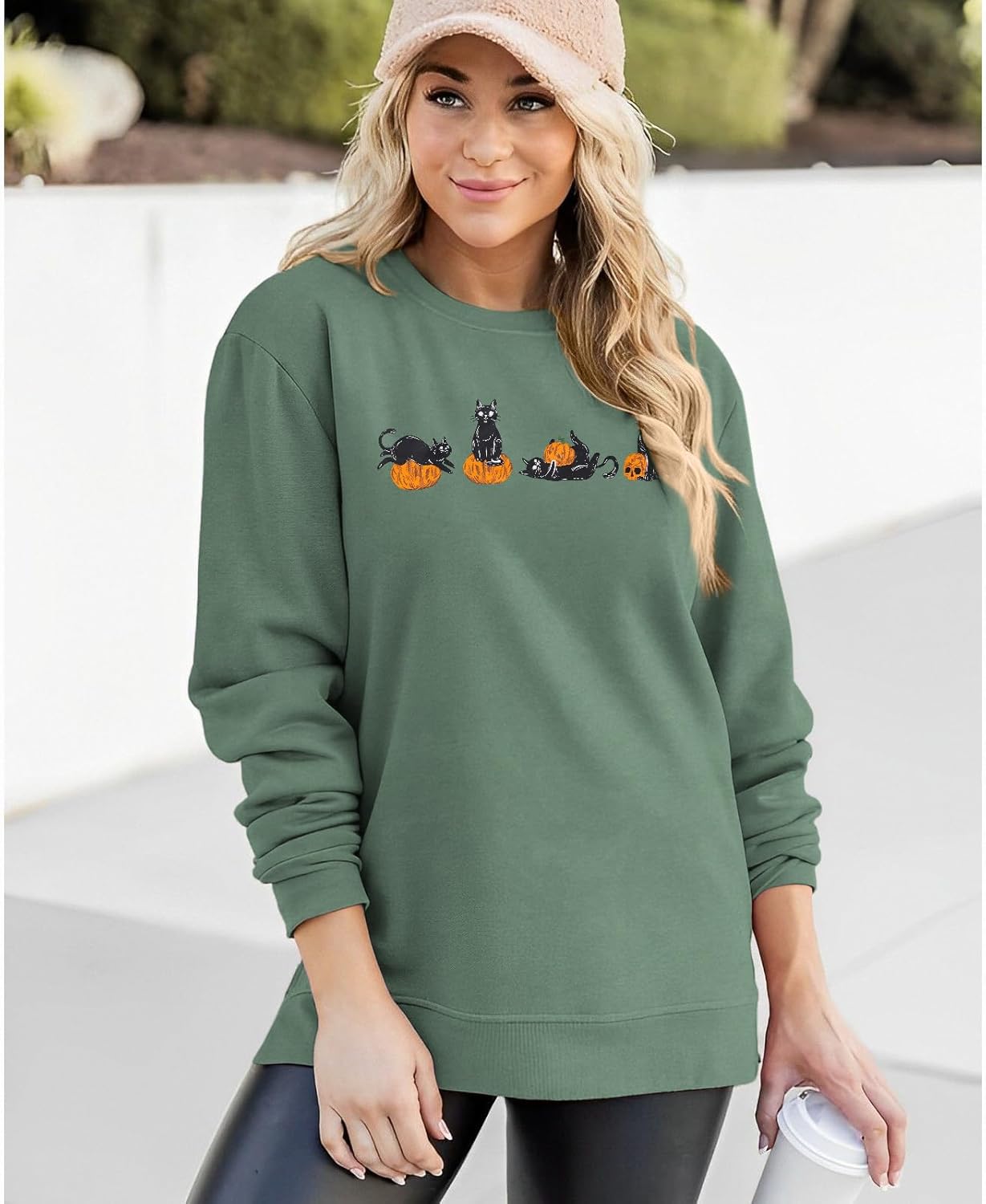 Pull oversize Halloween chat citrouille coton doux manches longues femme