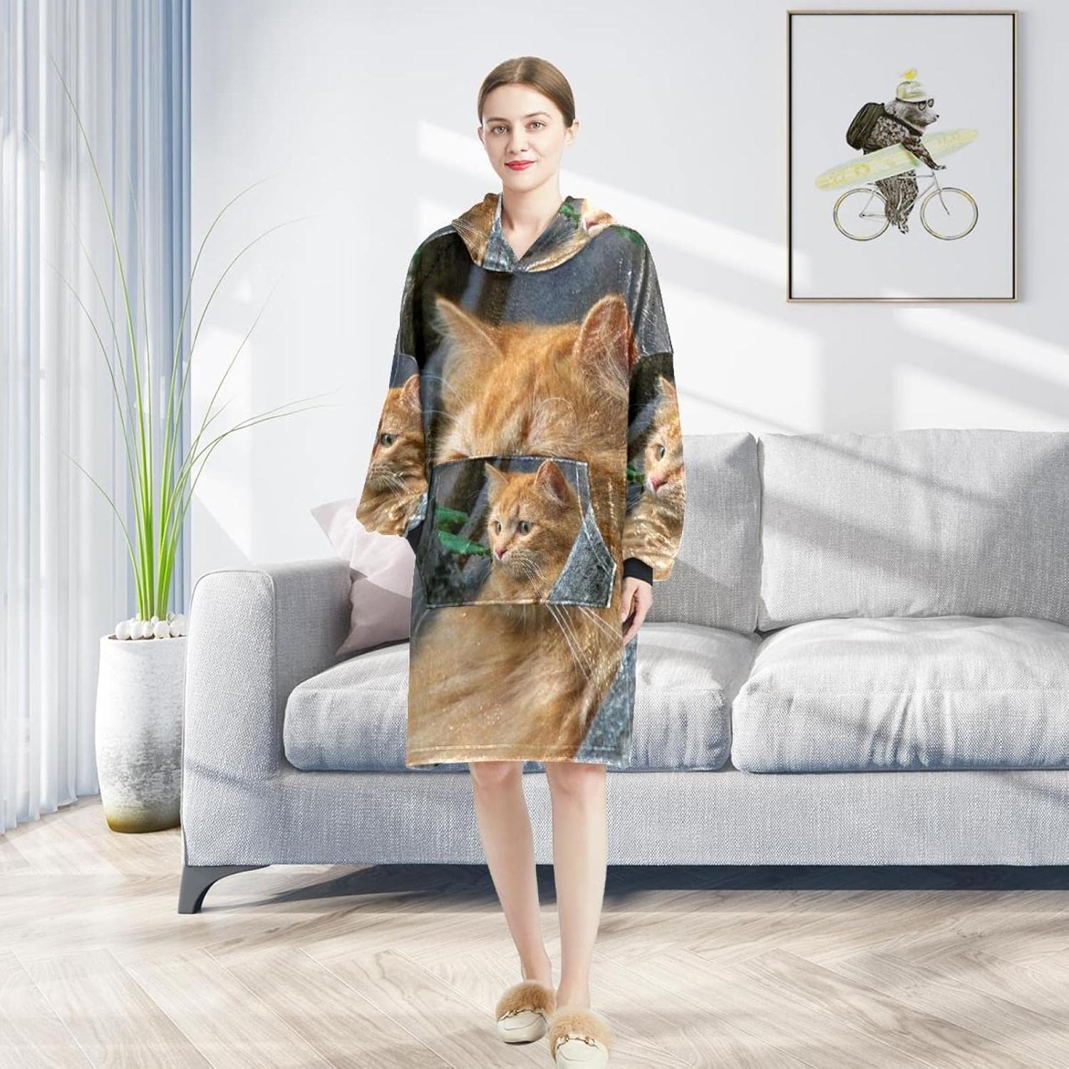sweat à capuche taille unique surdimensionné motif chat femme cocooning