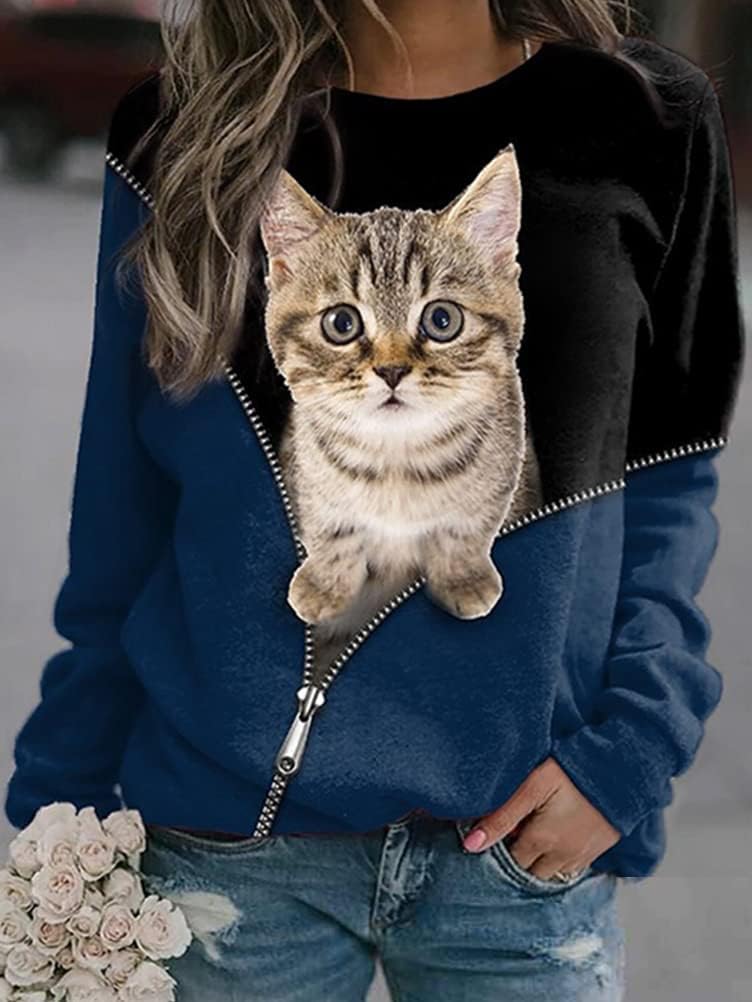 motif chat réaliste sur pull femme noir